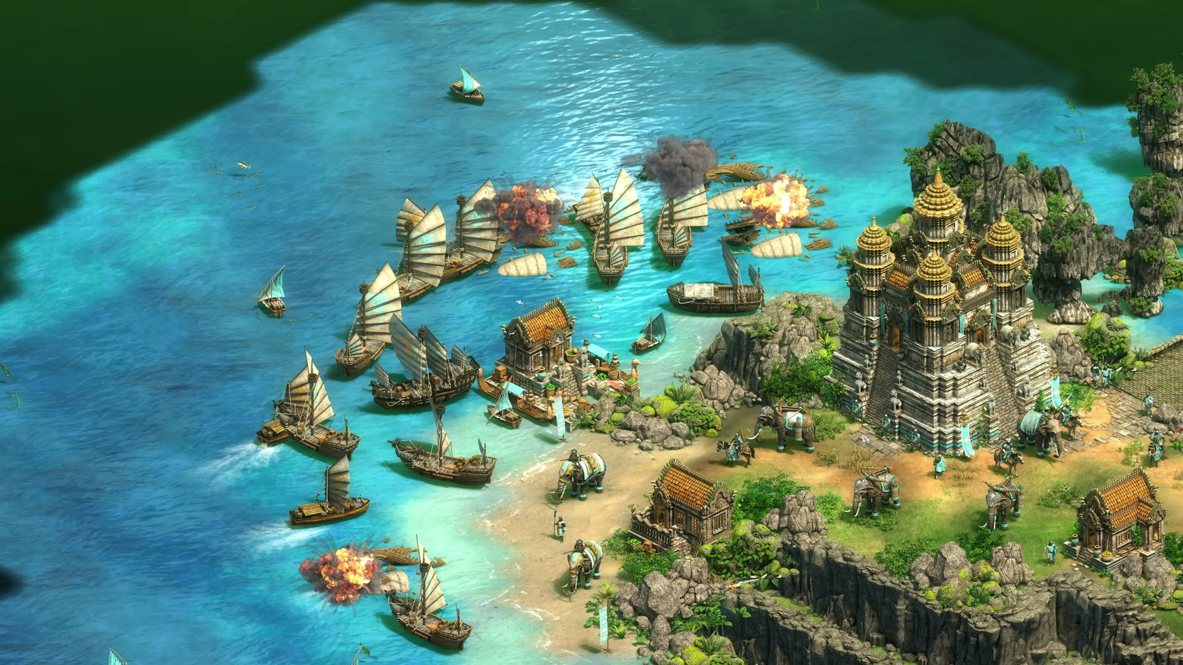 Ships beside a coastal settlement in Age of Empires II. Water changes which areas and resources an army must protect.