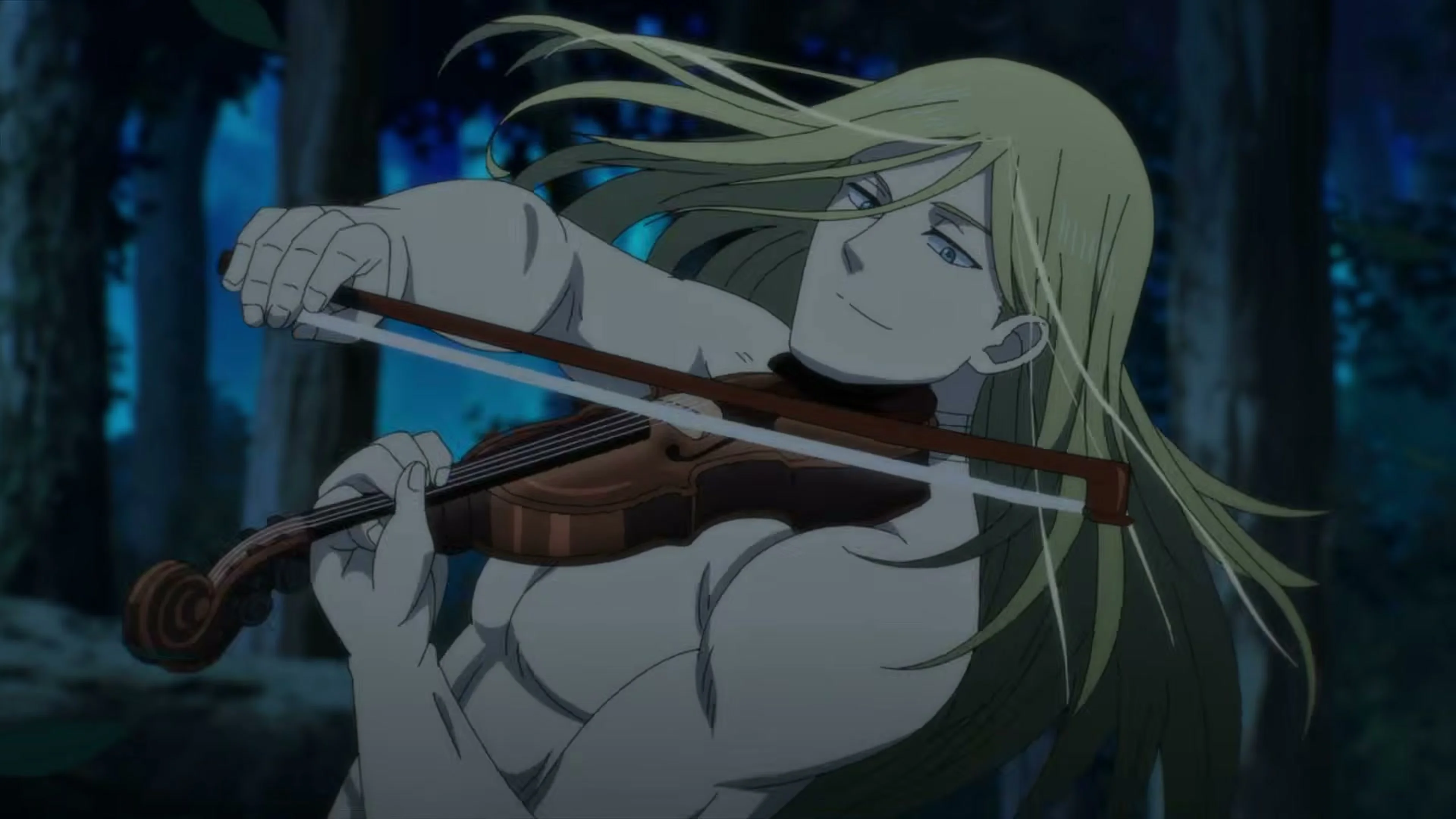 Genya Naruko plays a violin at night during the trailer’s Season 1 recap.