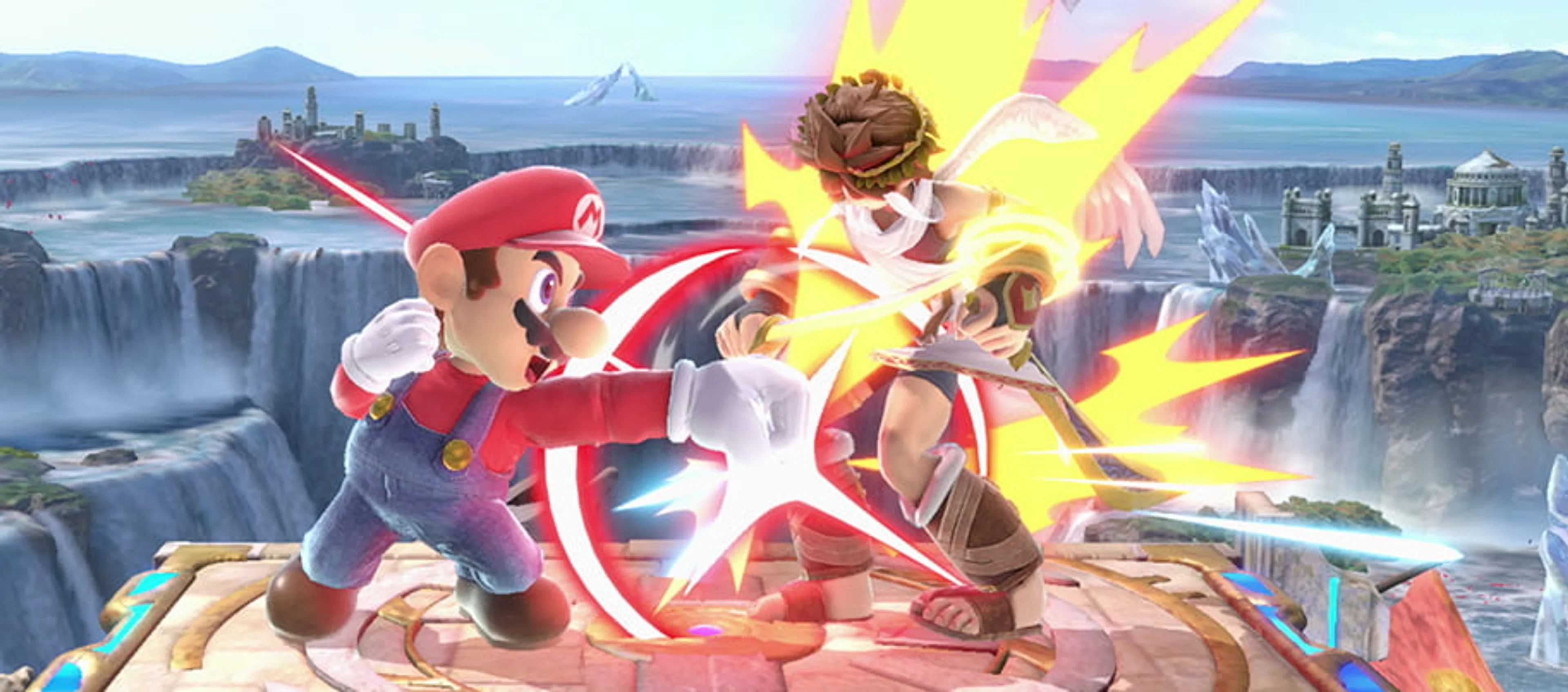 Mario punches another fighter near the centre of a platform, with a bright impact effect.