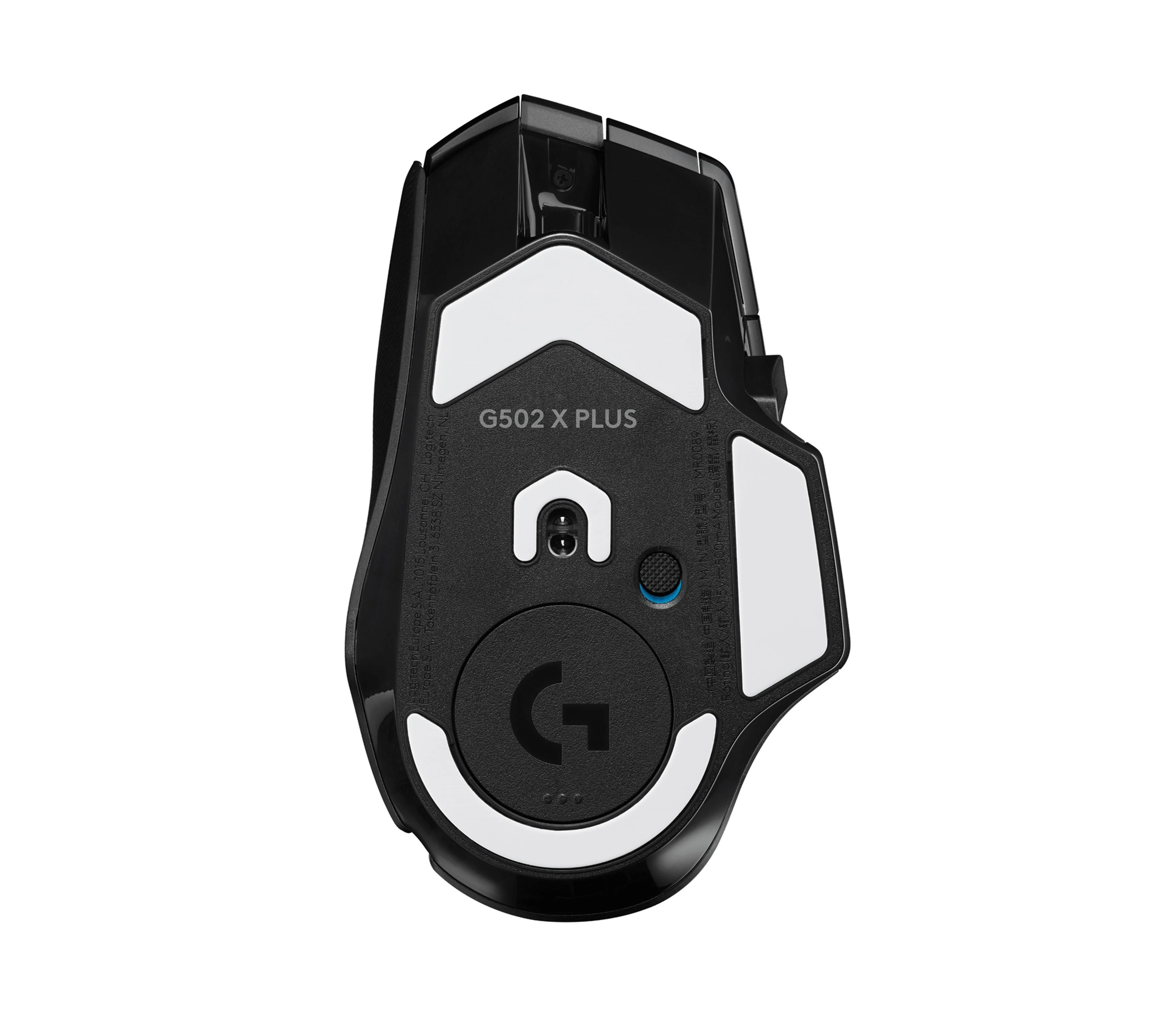 Underside of the black G502 X Plus showing its sensor, power switch and removable cover