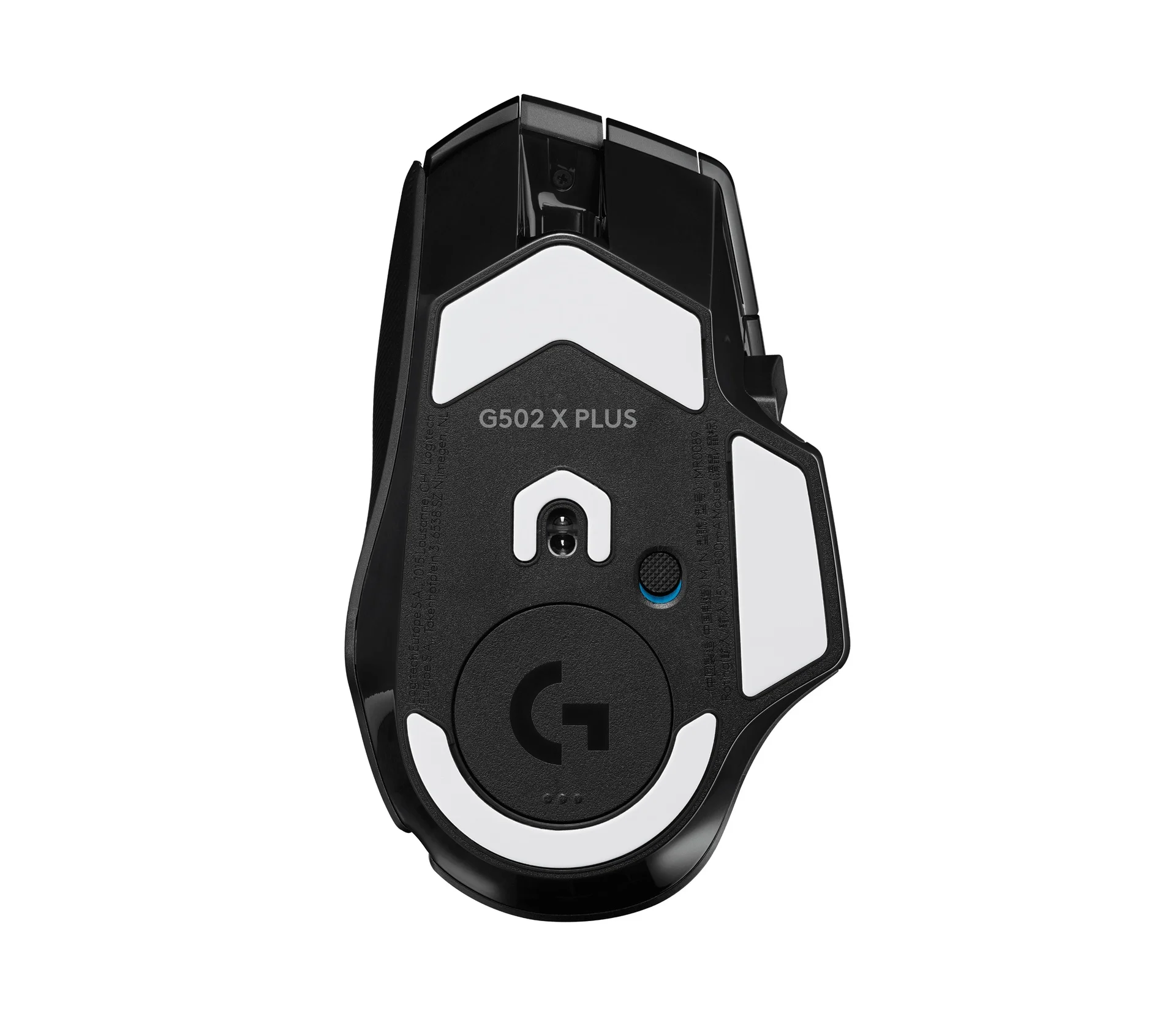 Underside of the black G502 X Plus showing its sensor, power switch and removable cover