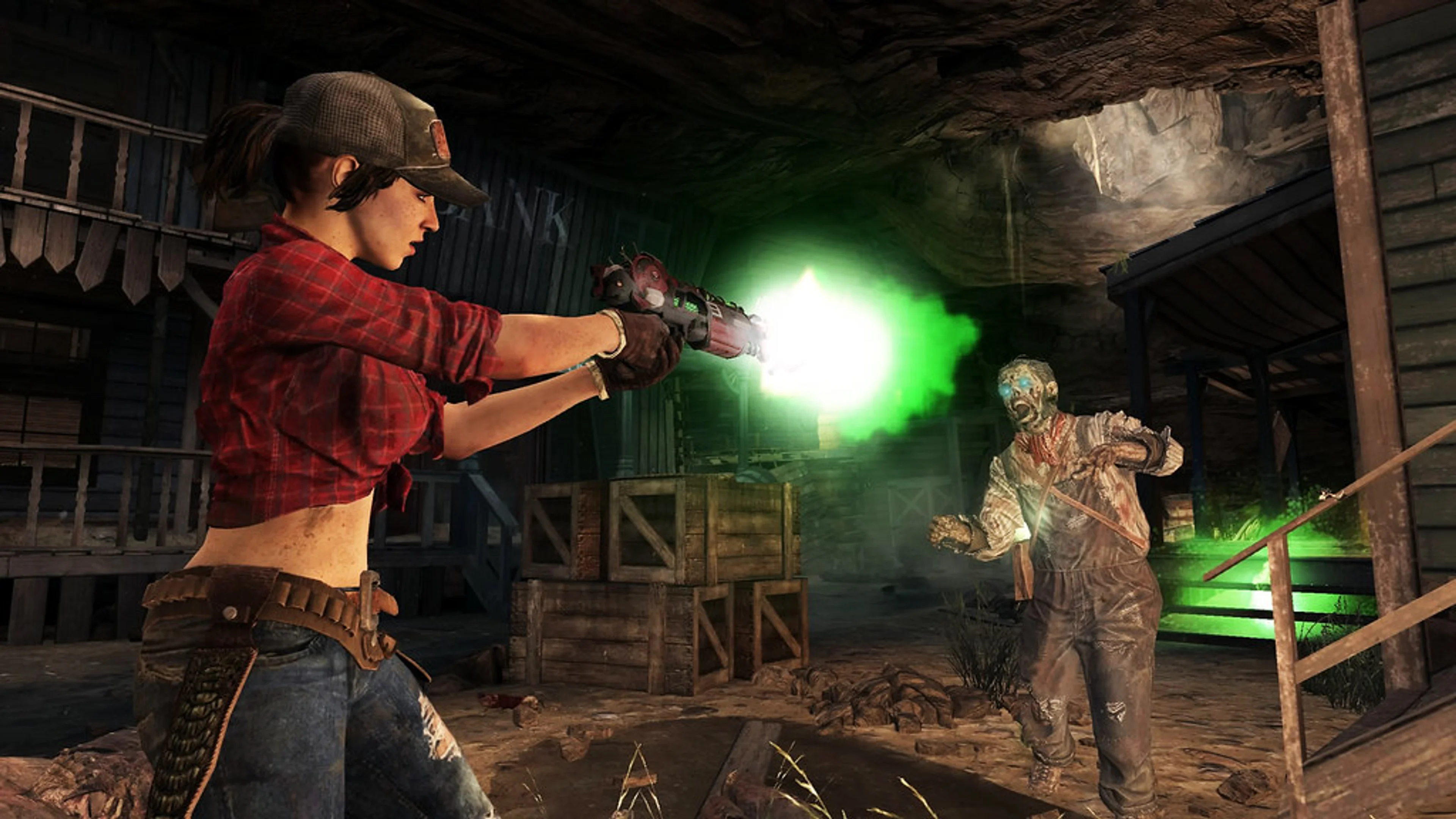 A survivor fires a green energy weapon at a zombie in the underground Buried map.