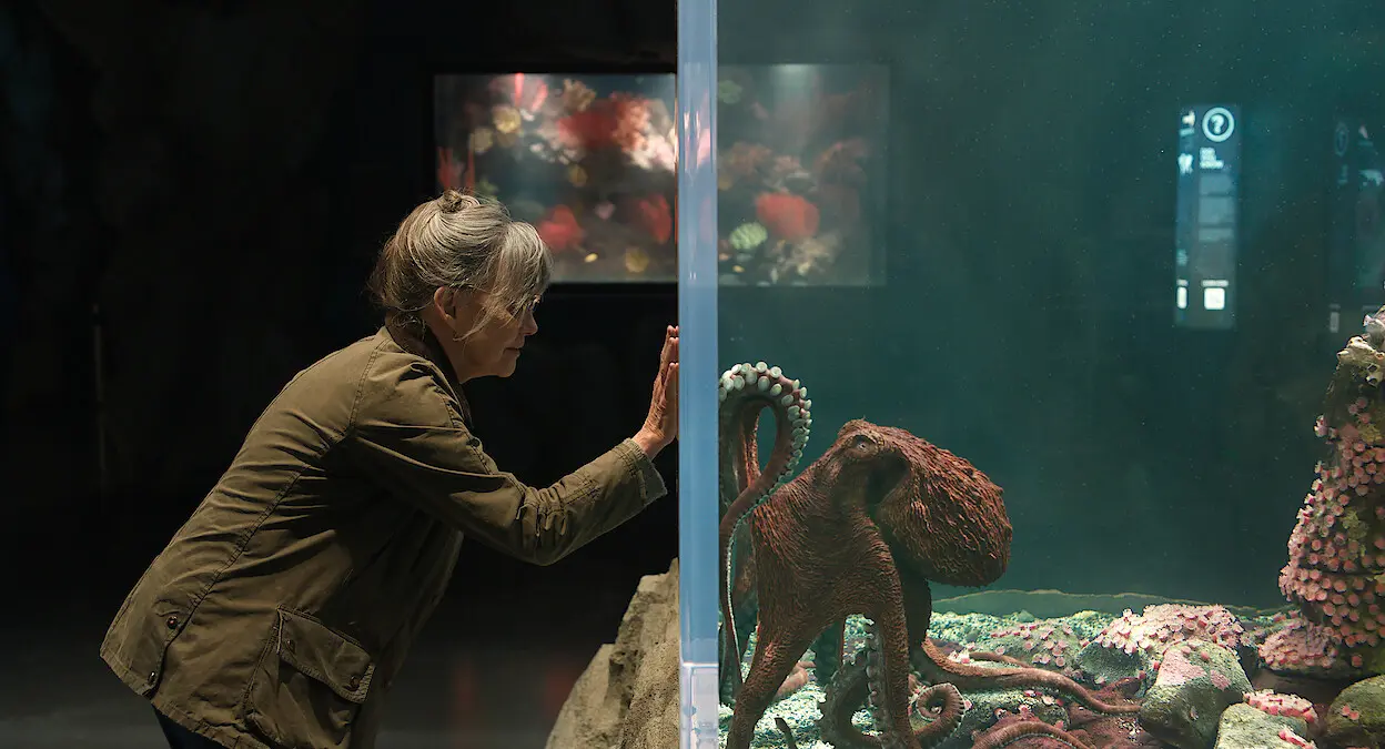 Sally Field as Tova reaches toward Marcellus through the aquarium glass in Remarkably Bright Creatures.