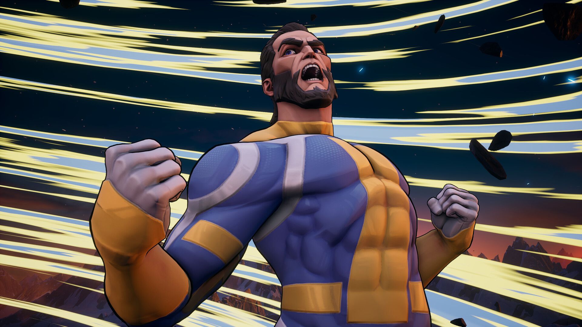 Invincible wears his yellow-and-blue suit in a close-up from Invincible VS.