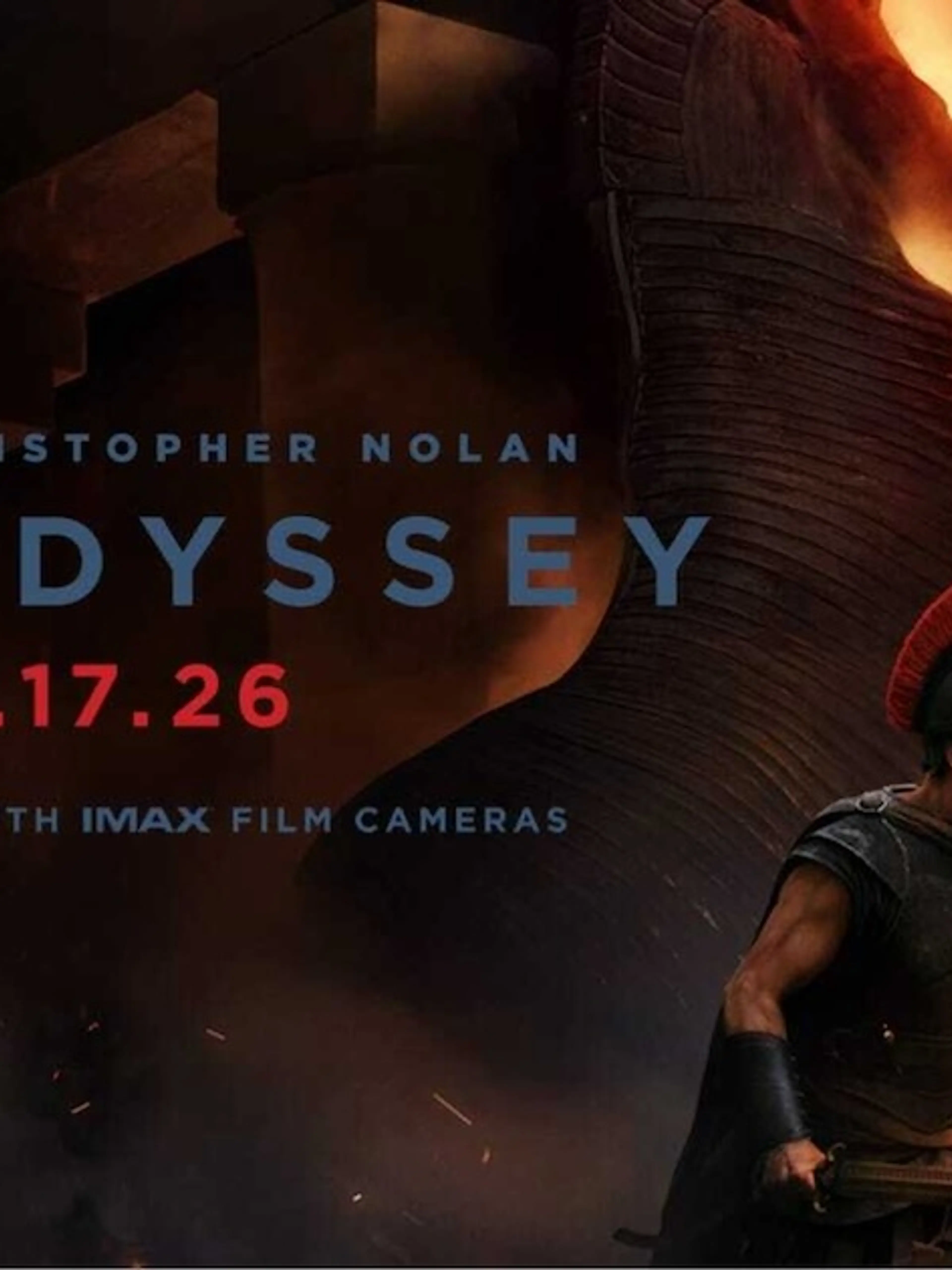 Matt Damon as Odysseus stands beside the wooden horse in official key art for The Odyssey