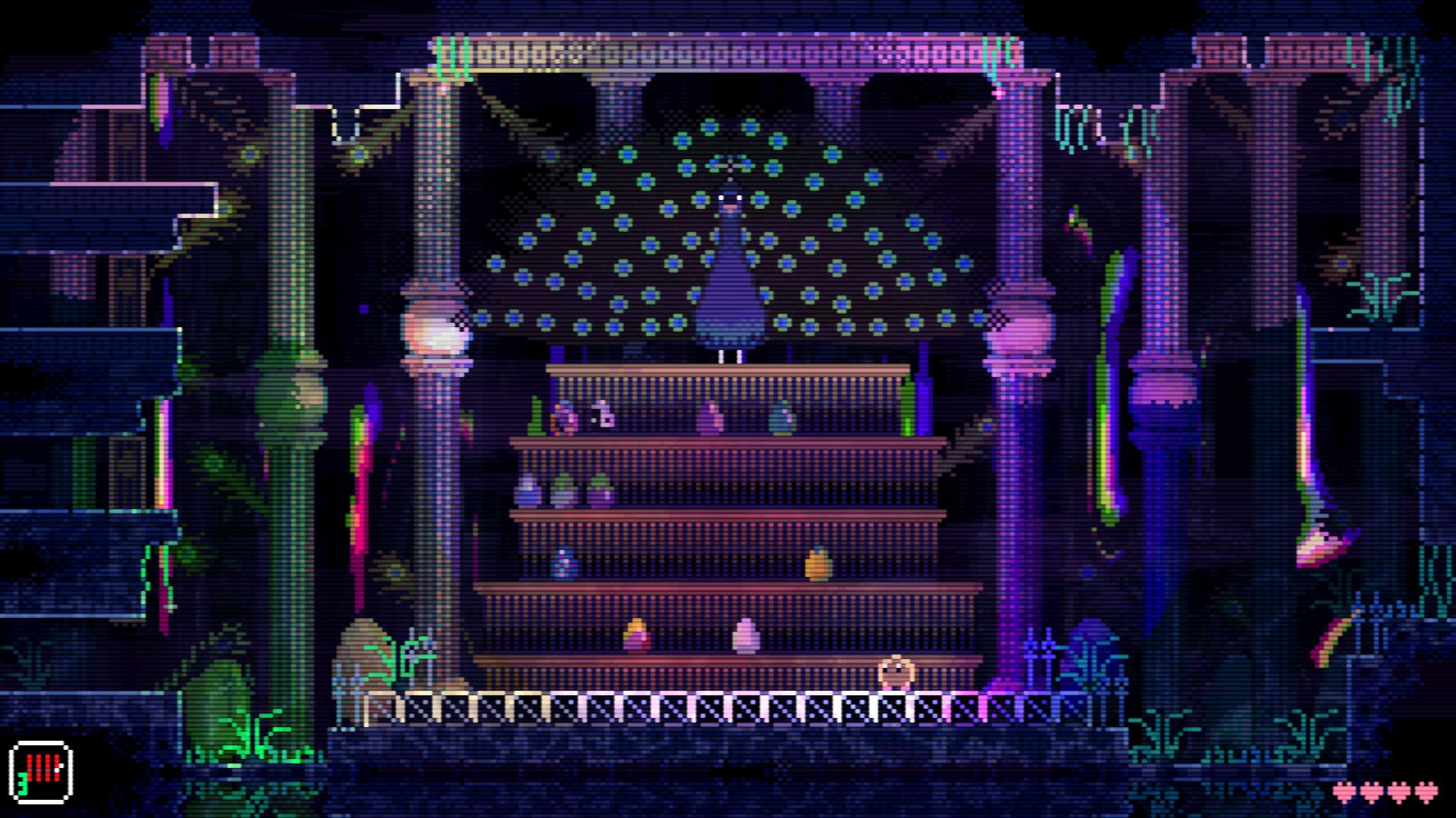 A colourful display of eggs fills shelves in a chamber framed by columns.