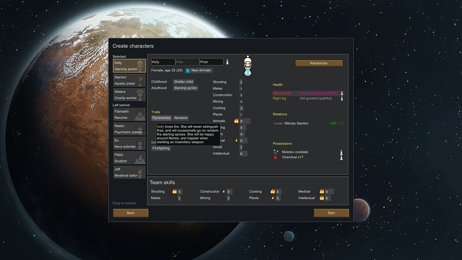 The Create Characters screen shows a starting colonist and their skills and traits.