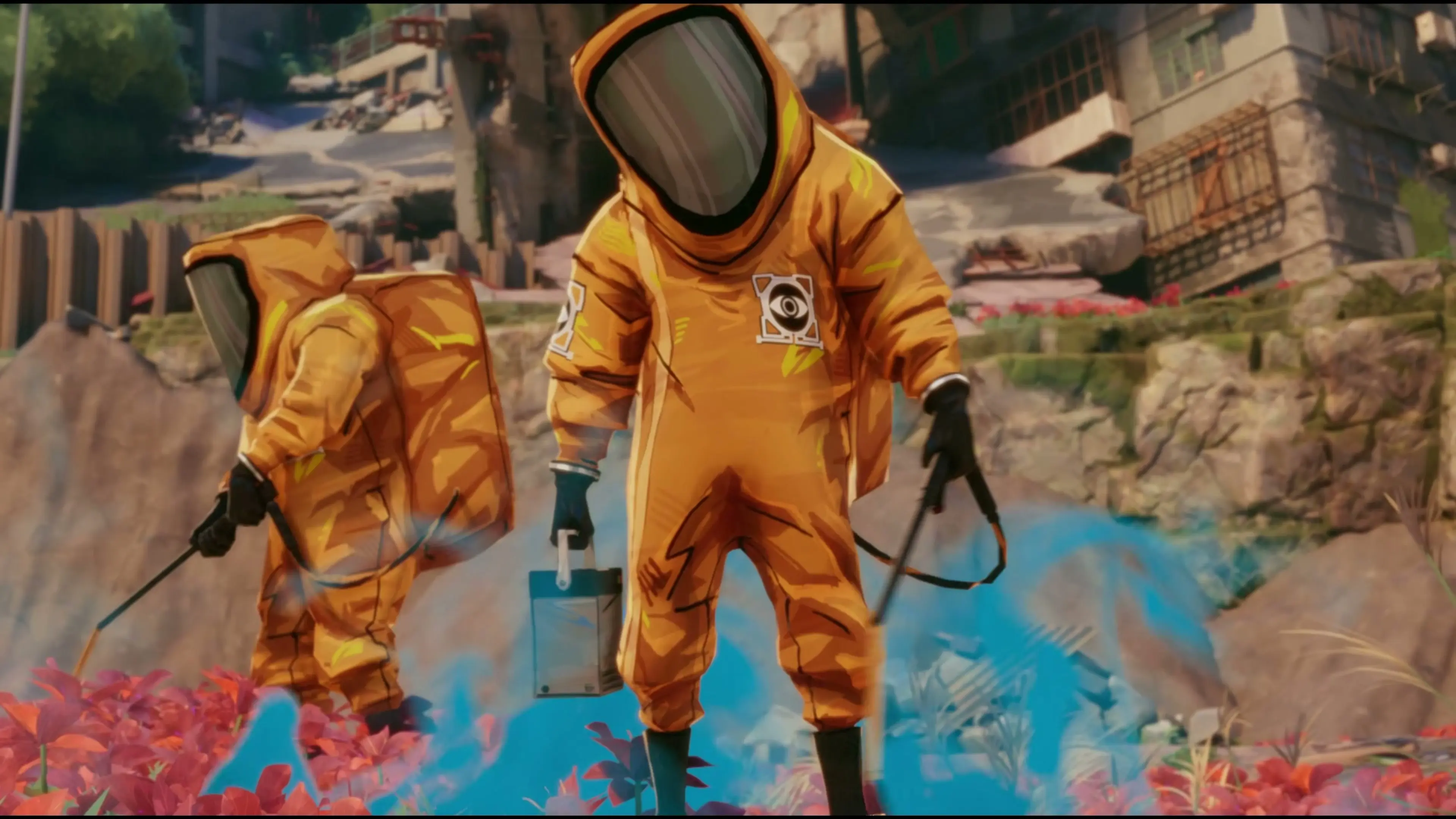 Two workers in orange protective suits examine blue paranormal growth.