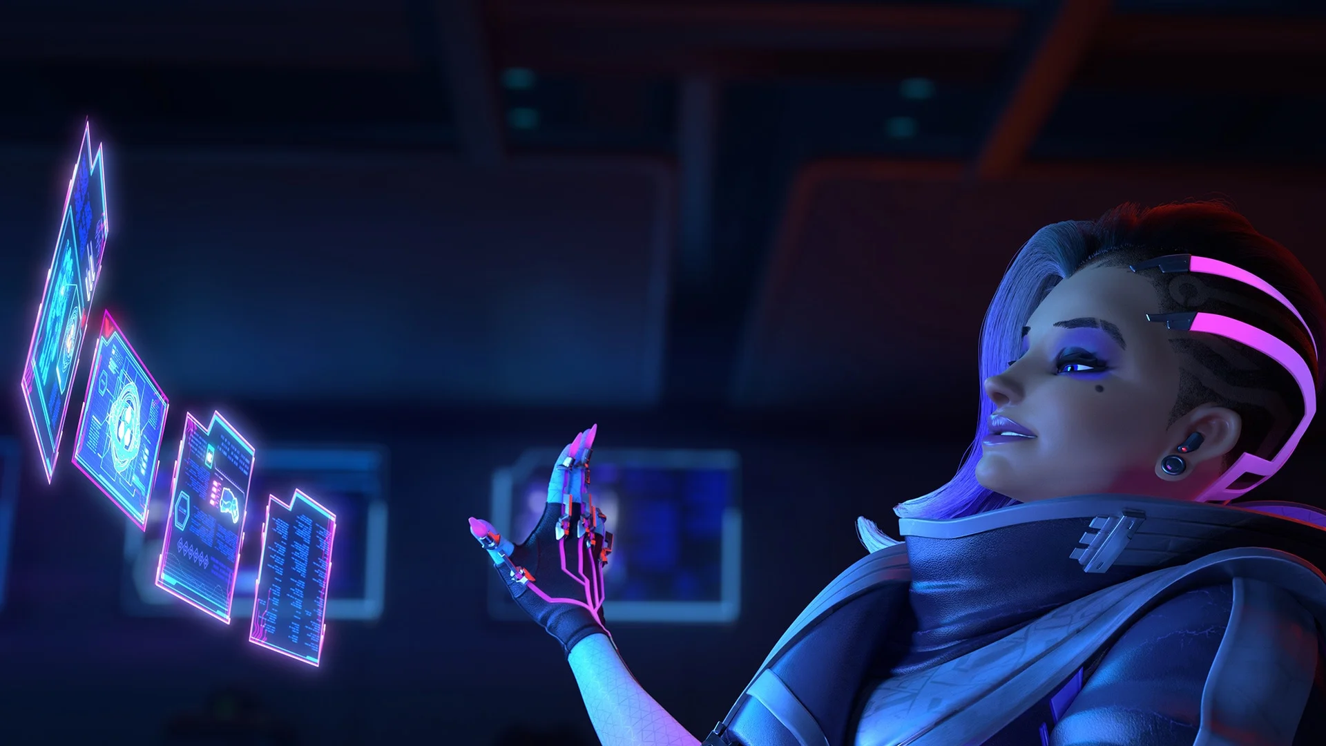 Sombra studies several purple holographic screens in Overwatch.