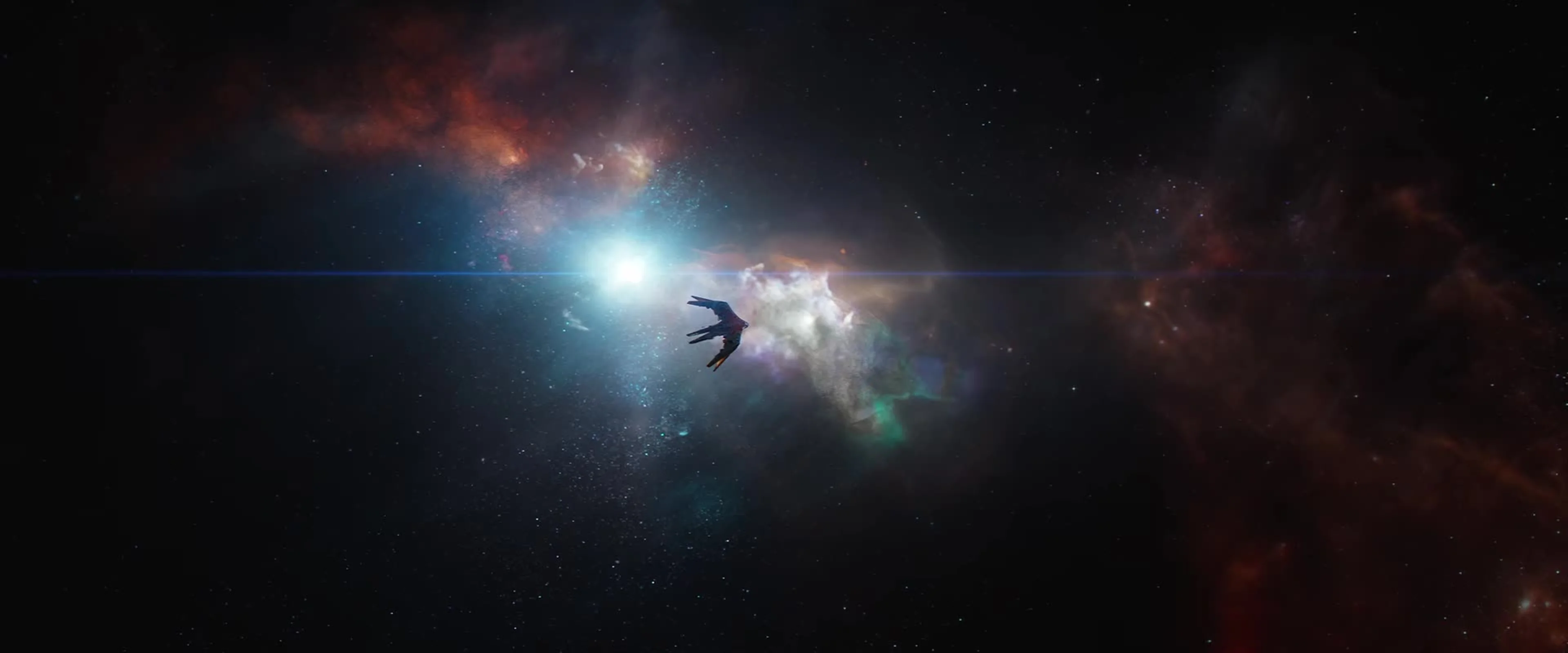 A spacecraft crosses a bright field of stars in Avengers: Endgame.