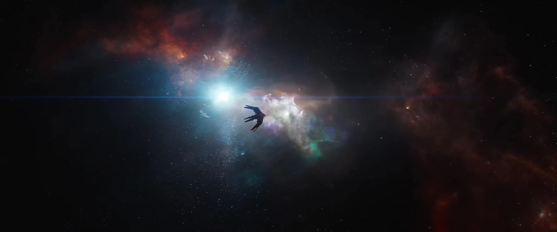 A spacecraft crosses a bright field of stars in Avengers: Endgame.