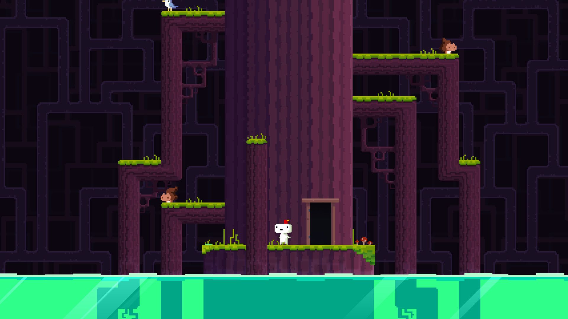 Gomez stands at a doorway in the trunk of a tall tree above bright green water.