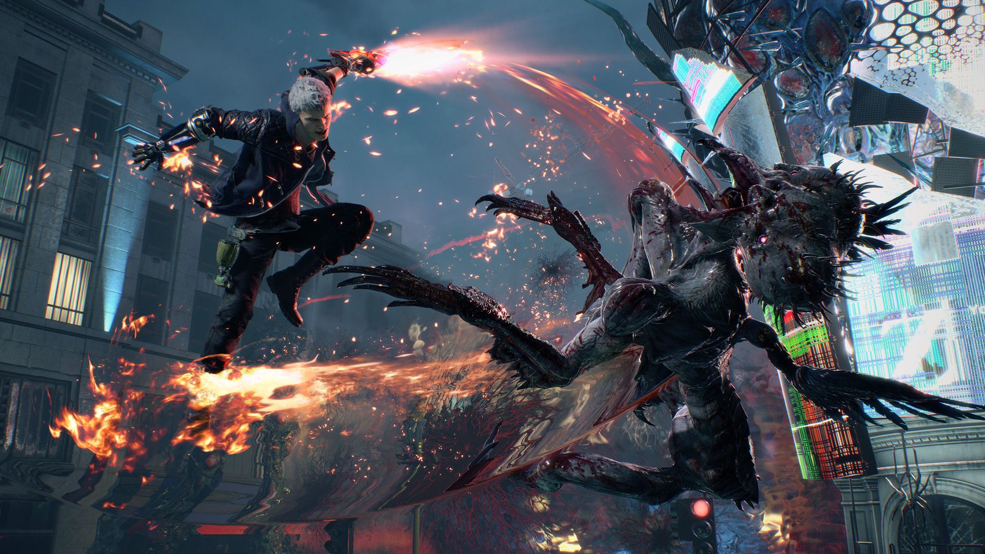 Nero attacks a demon in a city street with a flaming strike.