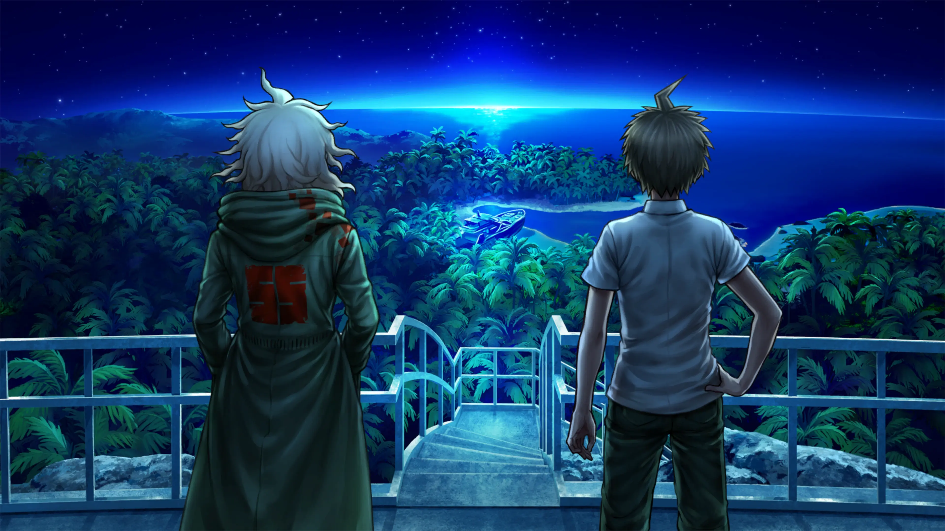 Nagito Komaeda and Hajime Hinata overlook Jabberwock Island at night in Danganronpa 2x2.