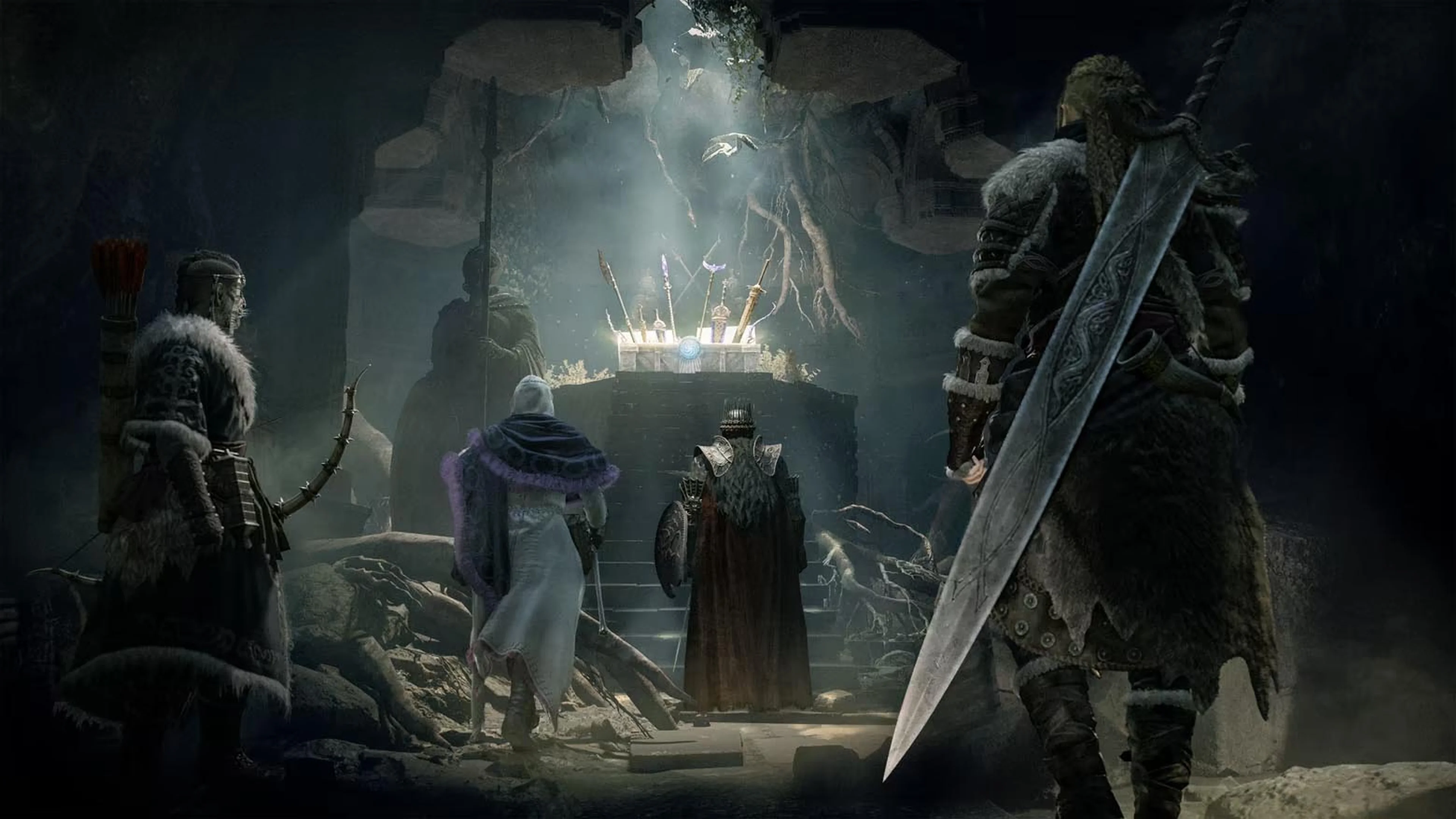 Four adventurers approach a glowing cache of weapons inside a Dark Arisen dungeon.