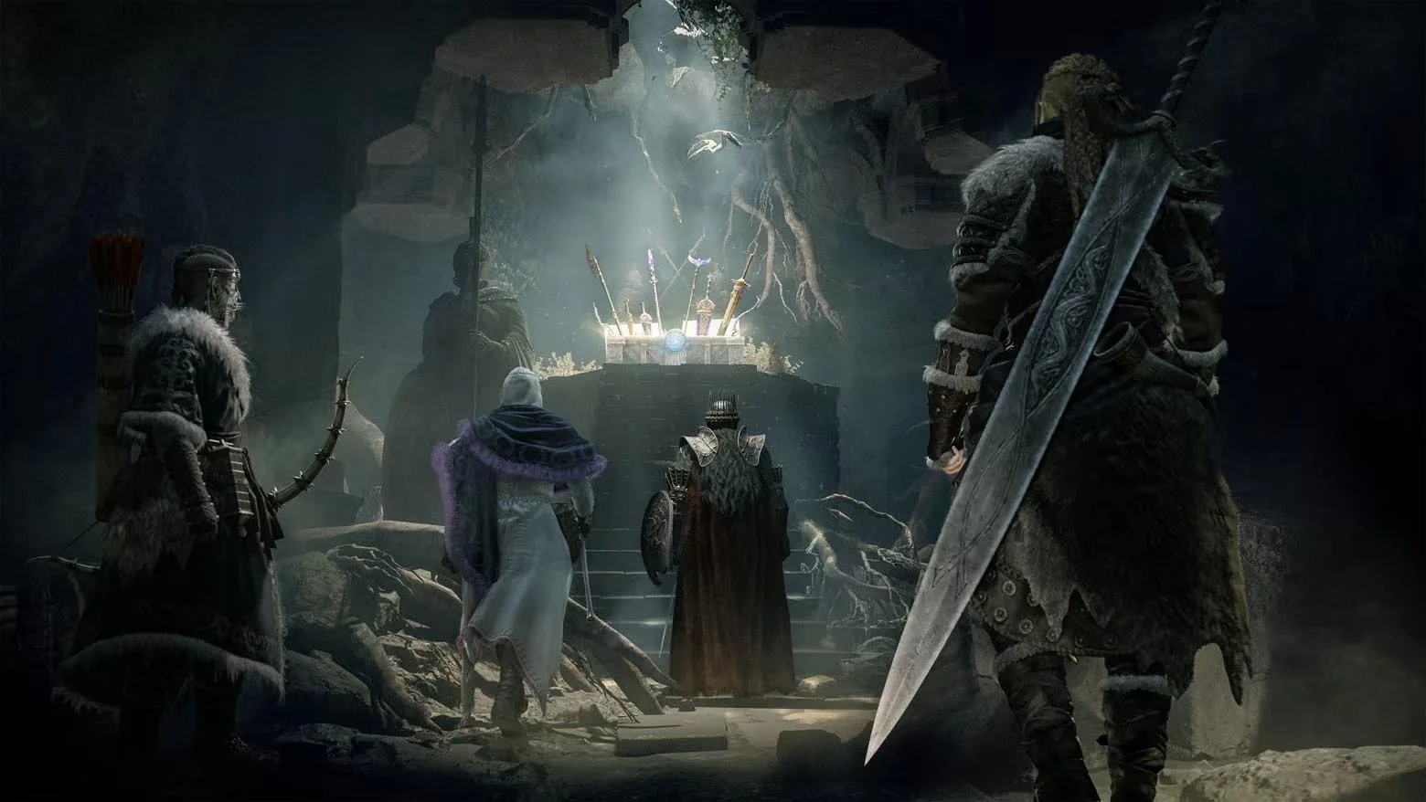 Four adventurers approach a glowing cache of weapons inside a Dark Arisen dungeon.