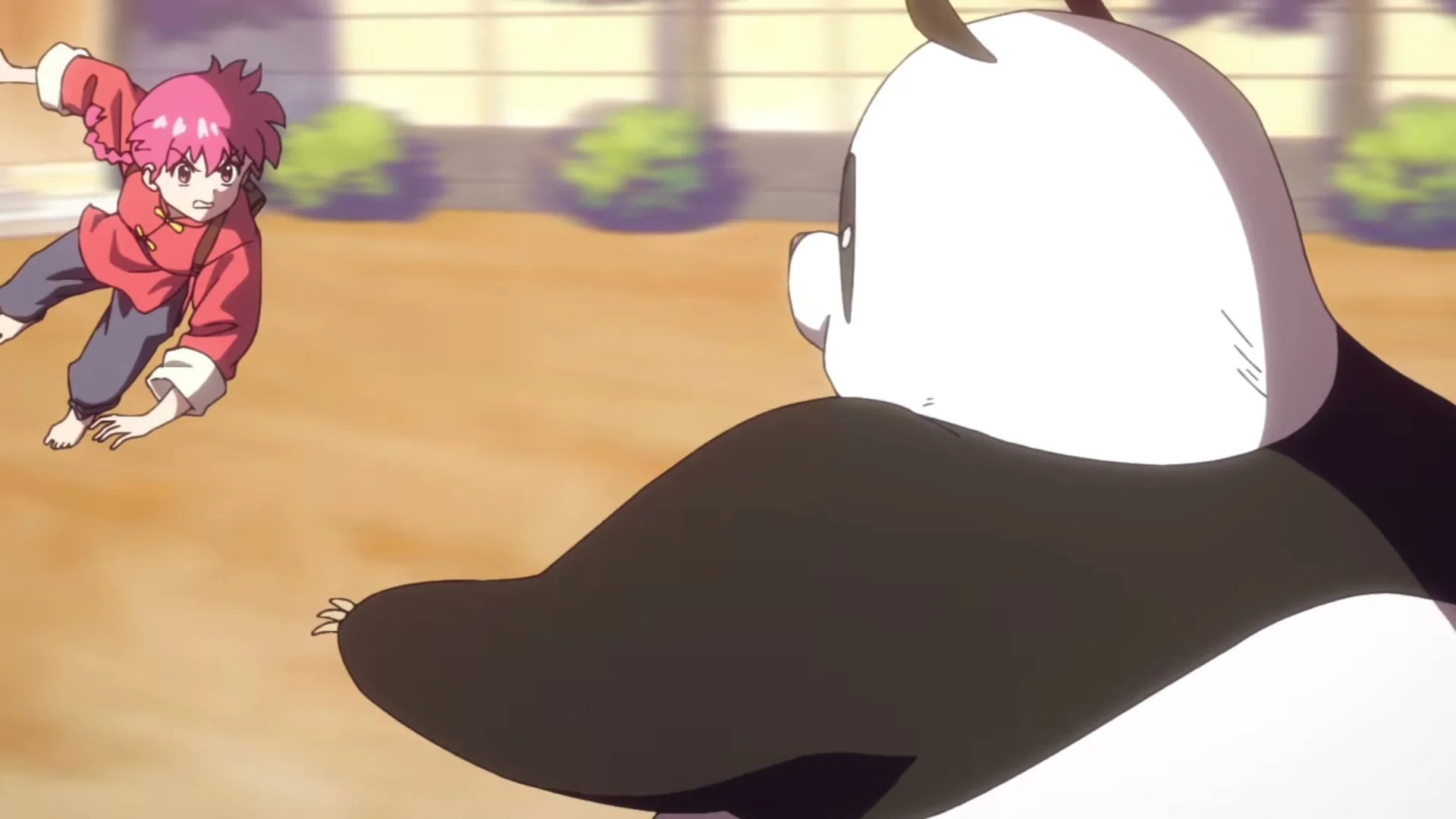 Ranma stands opposite a panda in a crisp animated scene from Ranma 1/2.