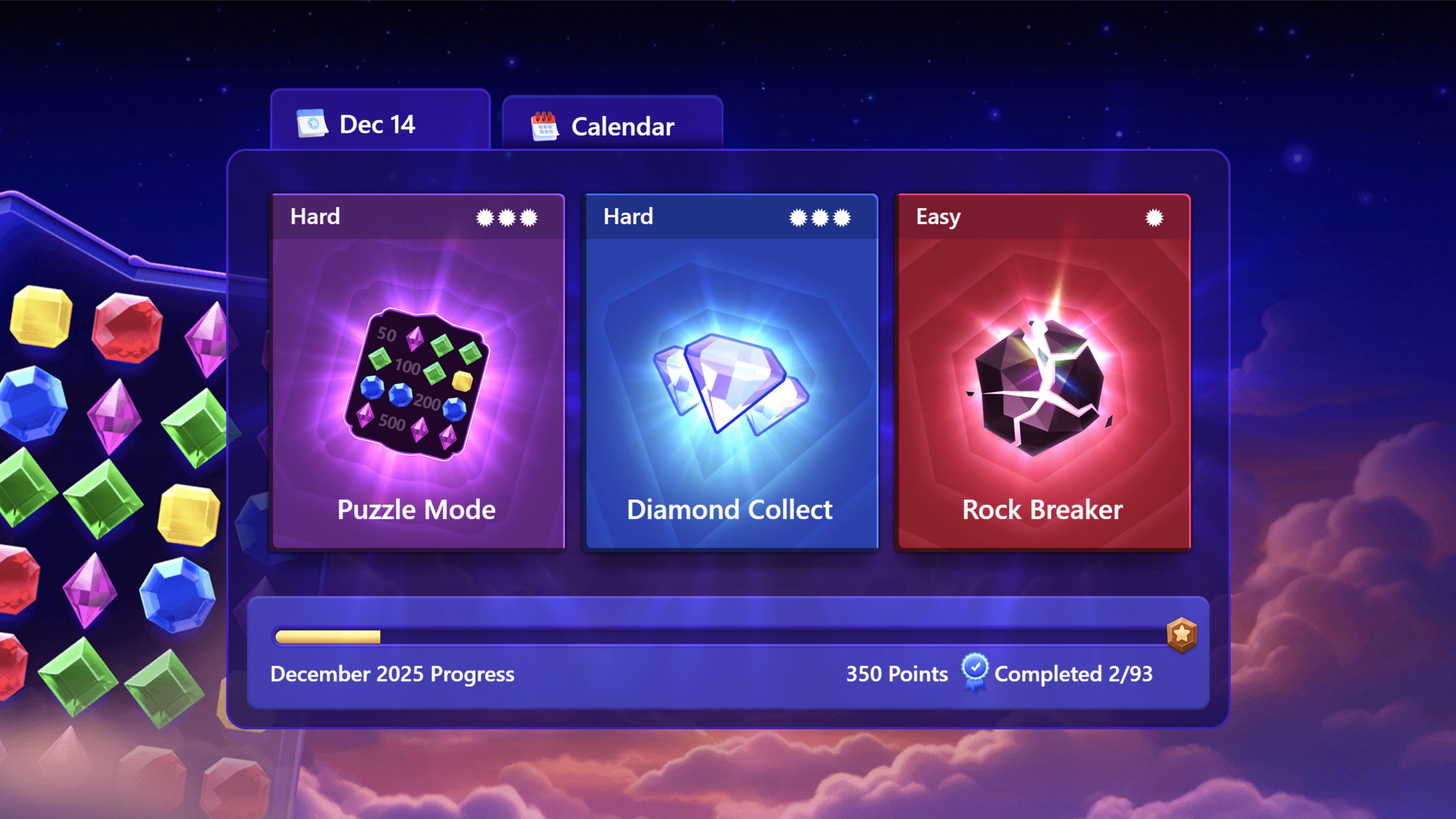 Microsoft Jewel Daily Challenges menu showing Puzzle Mode, Diamond Collect and Rock Breaker.