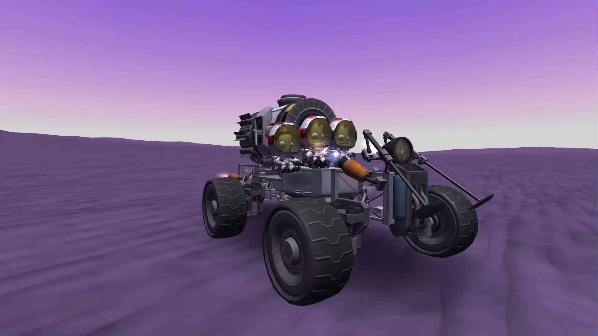 A wheeled rover drives over a purple-gray landscape with three Kerbals seated aboard.