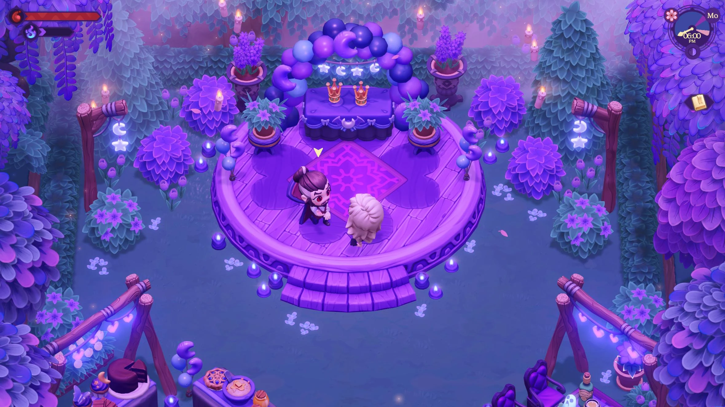 Two Moonlight Peaks characters stand together on a decorated garden wedding stage.