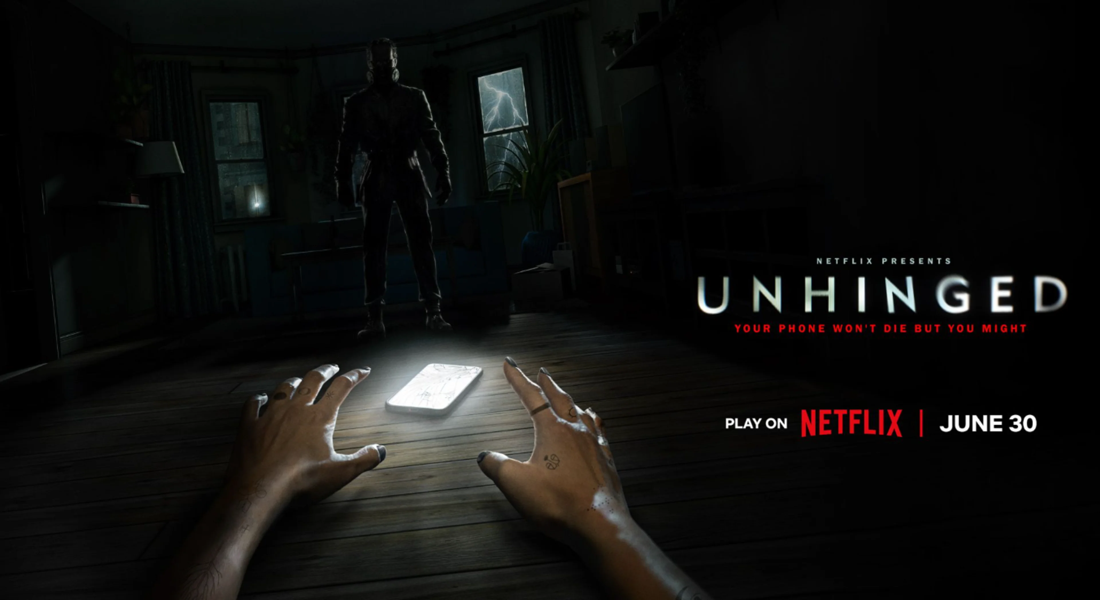 A player reaches toward a glowing phone in official art for Netflix's Unhinged.