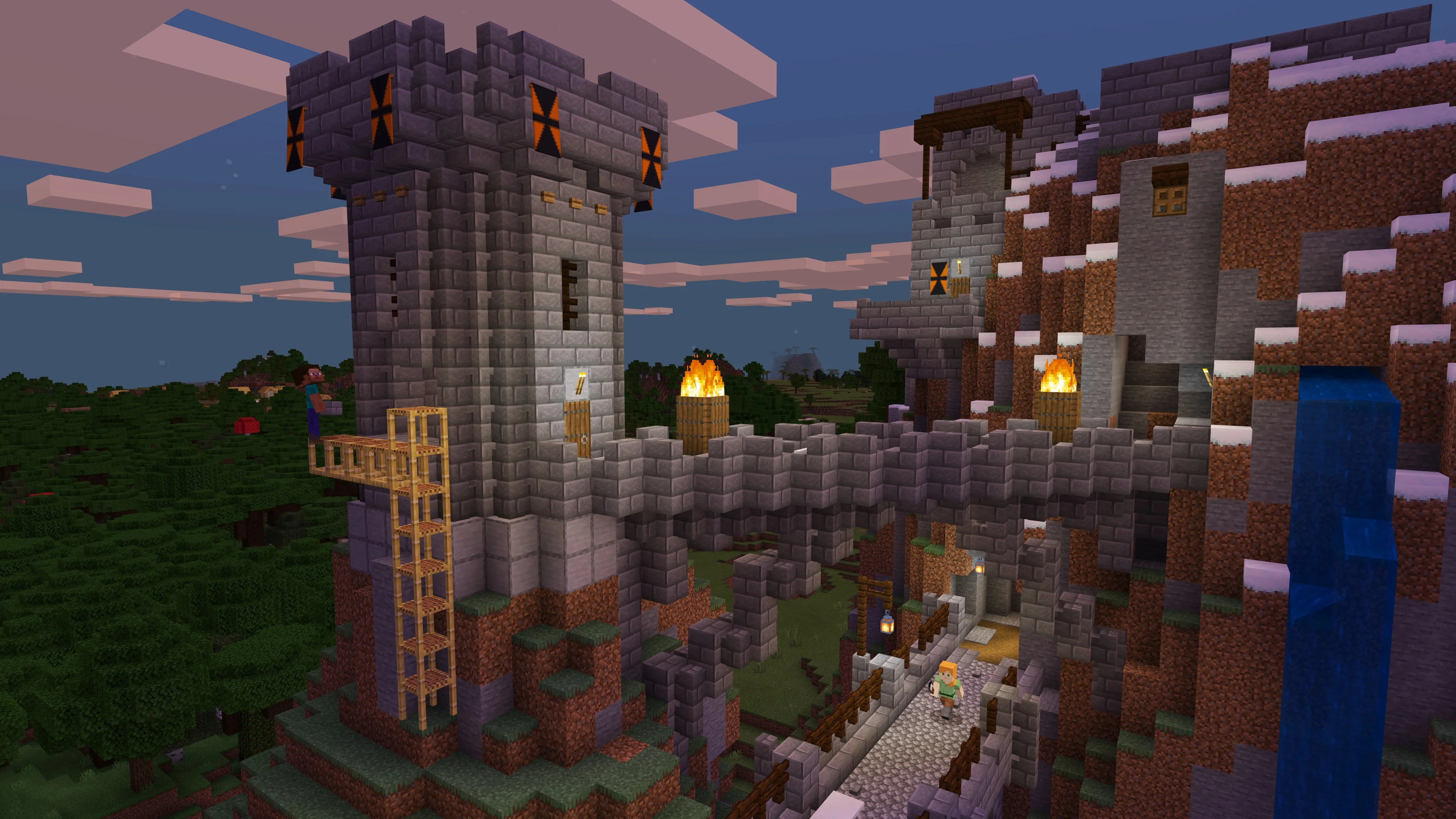 Steve and Alex build a large Minecraft castle together