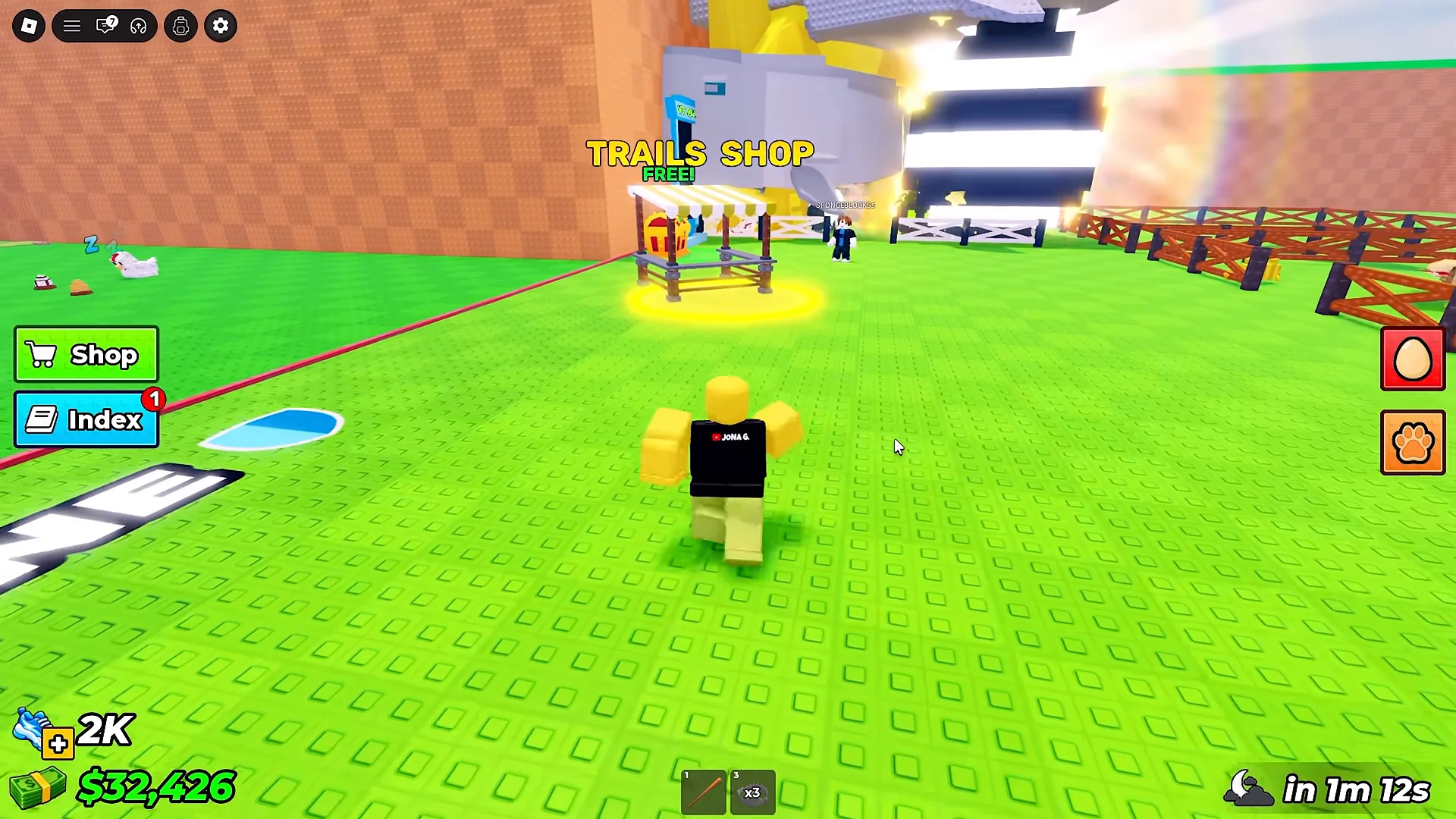 A player approaches the yellow-awning Trails Shop beside the base area in Steal An Egg.