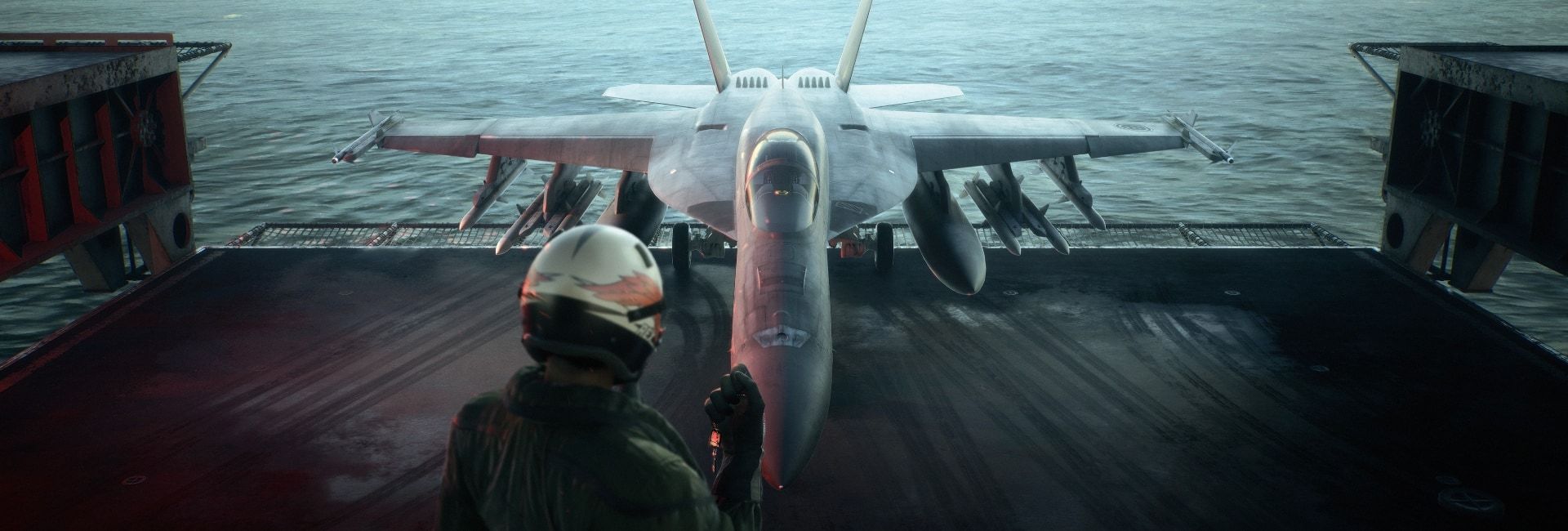 A pilot stands on an aircraft carrier facing a fighter jet at sea in Ace Combat 8.