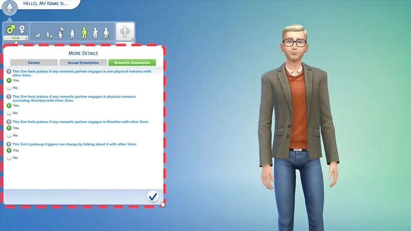 Official EA screenshot of the Romantic Boundaries tab in Create a Sim.
