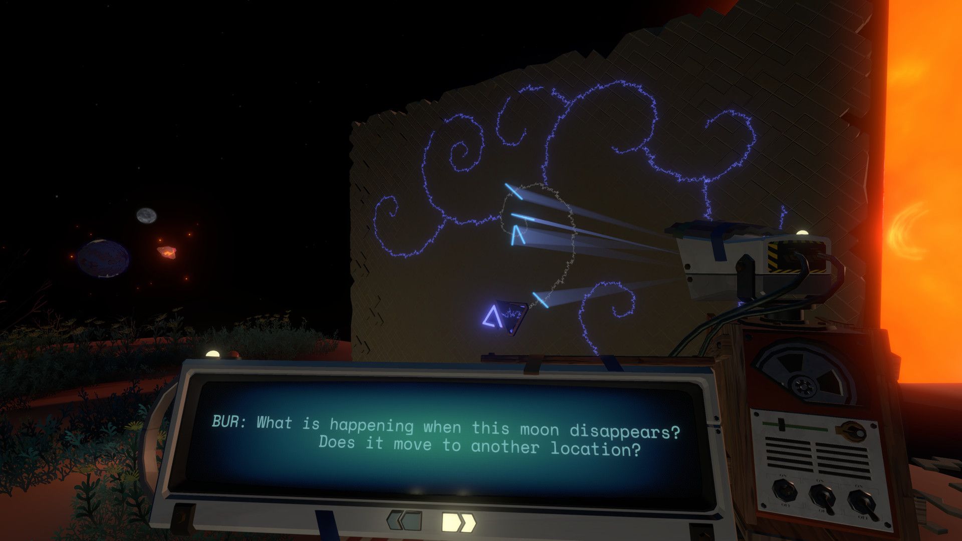 A device projects light against a wall of mysterious writing while a translated text box appears at the bottom.