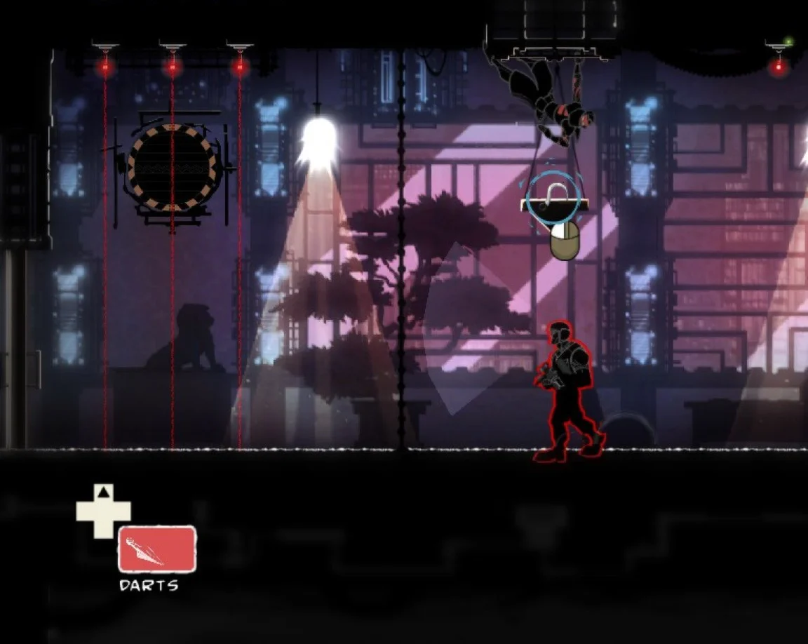 Mark of the Ninja indoor screenshot with a DARTS icon at lower left, a hanging ninja, a guard and a lamp ahead.