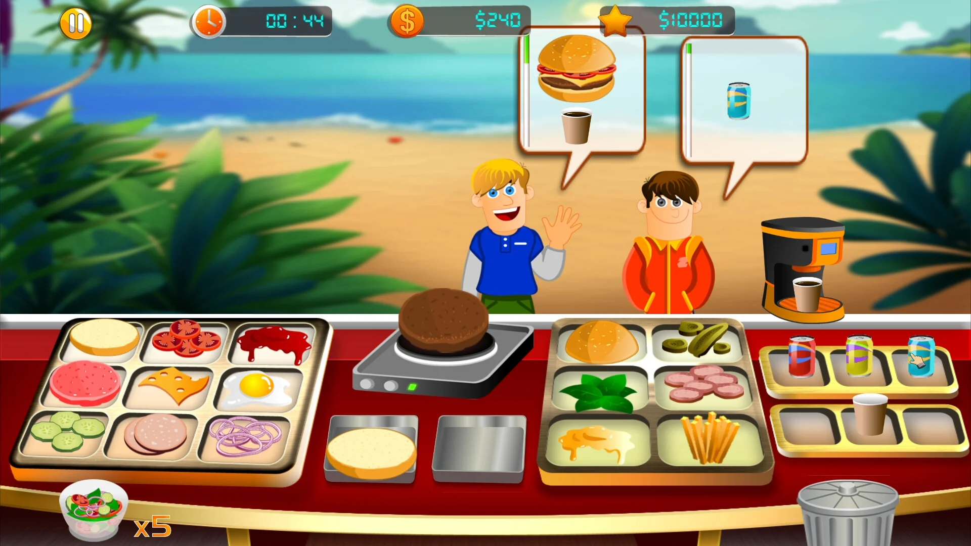 A burger-making scene with customers and ingredients in Burger.