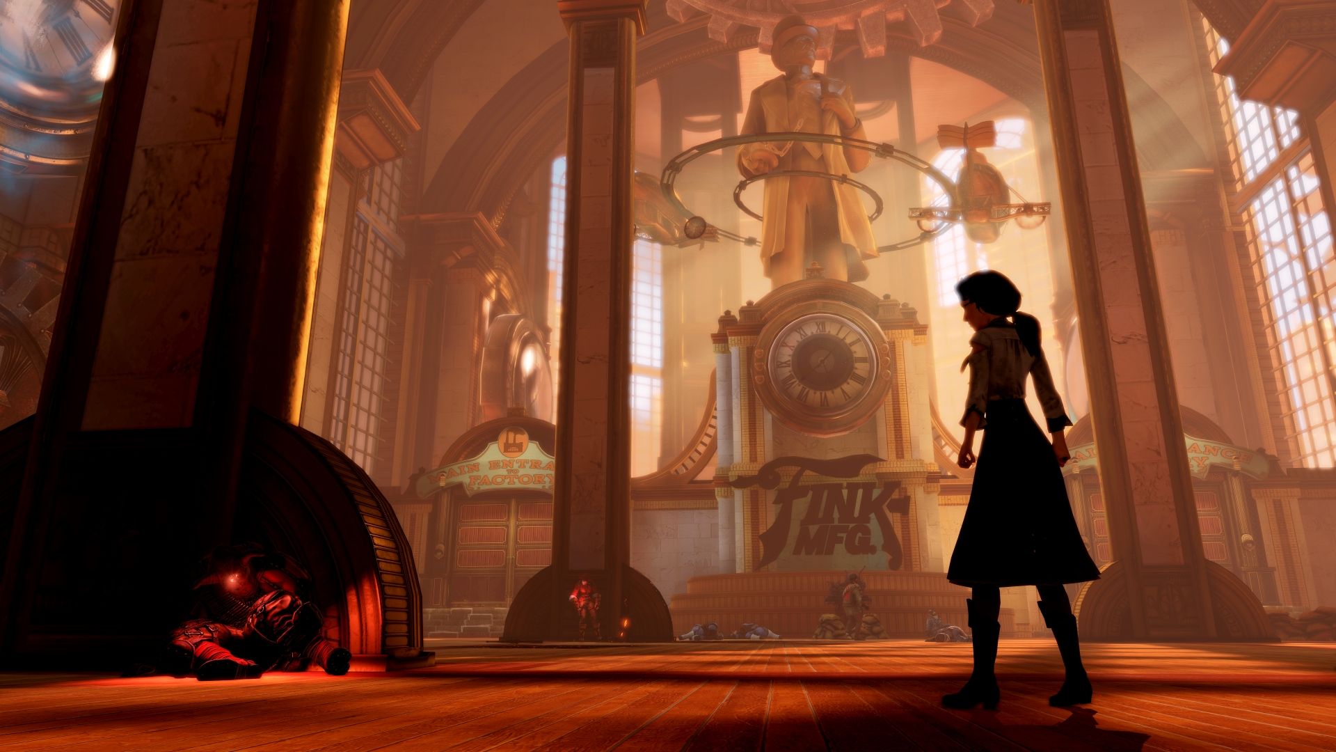 Elizabeth stands in a large sunlit chamber in Columbia.