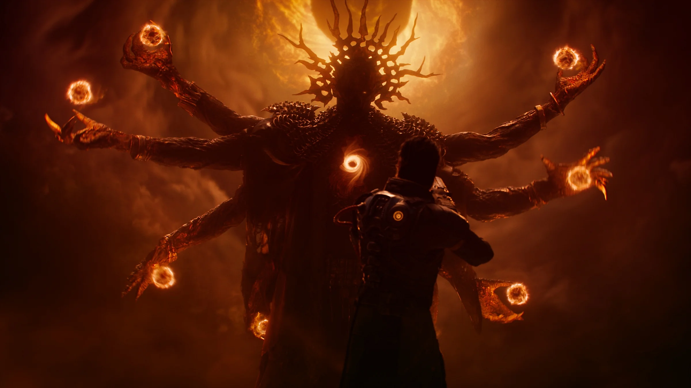 Arjun Devraj faces a towering multi-limbed creature in Saros.