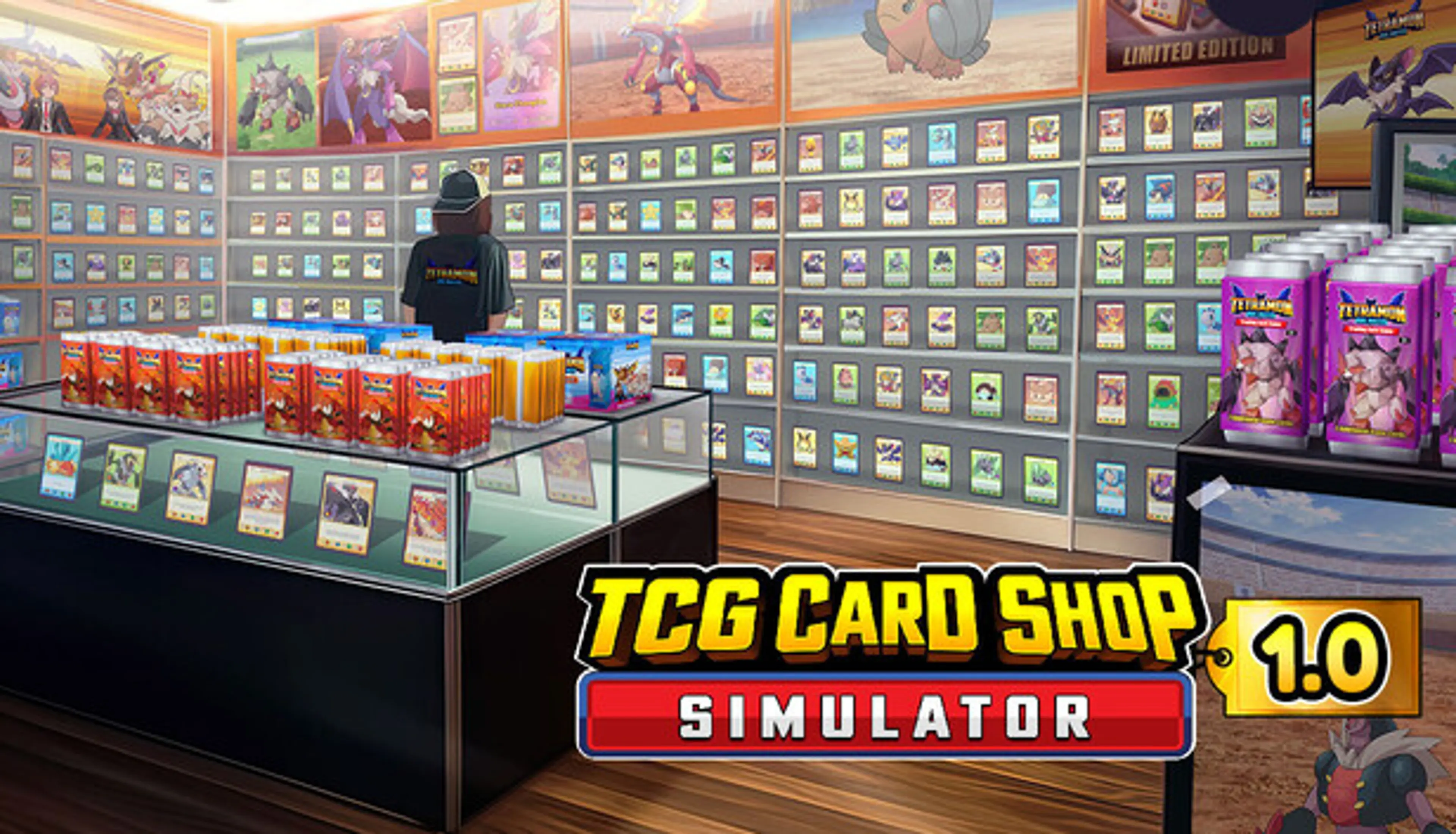 Official TCG Card Shop Simulator title art showing shelves of cards and the game logo.
