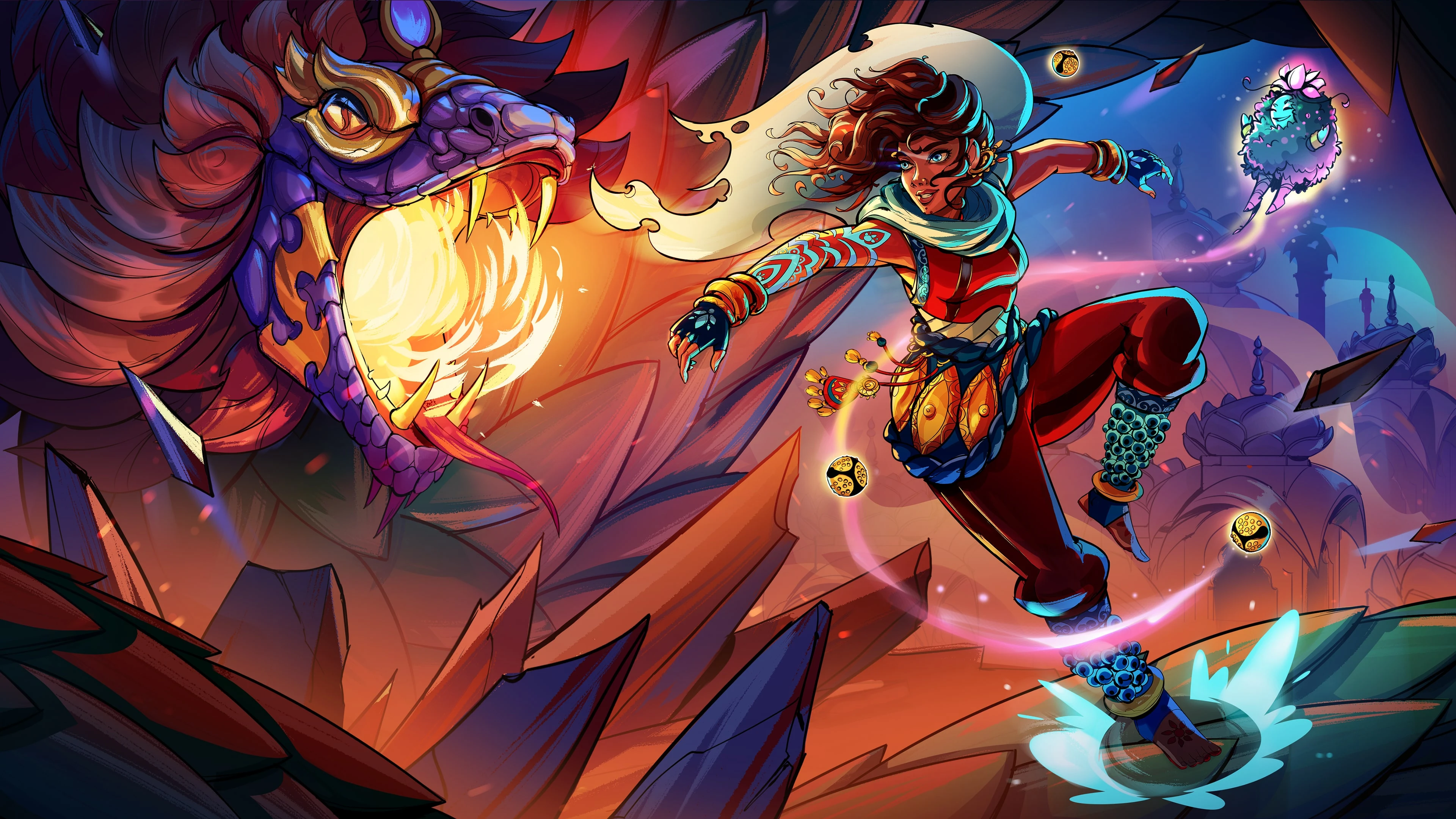 Ajira leaps away from a creature in official SURI: The Seventh Note artwork.
