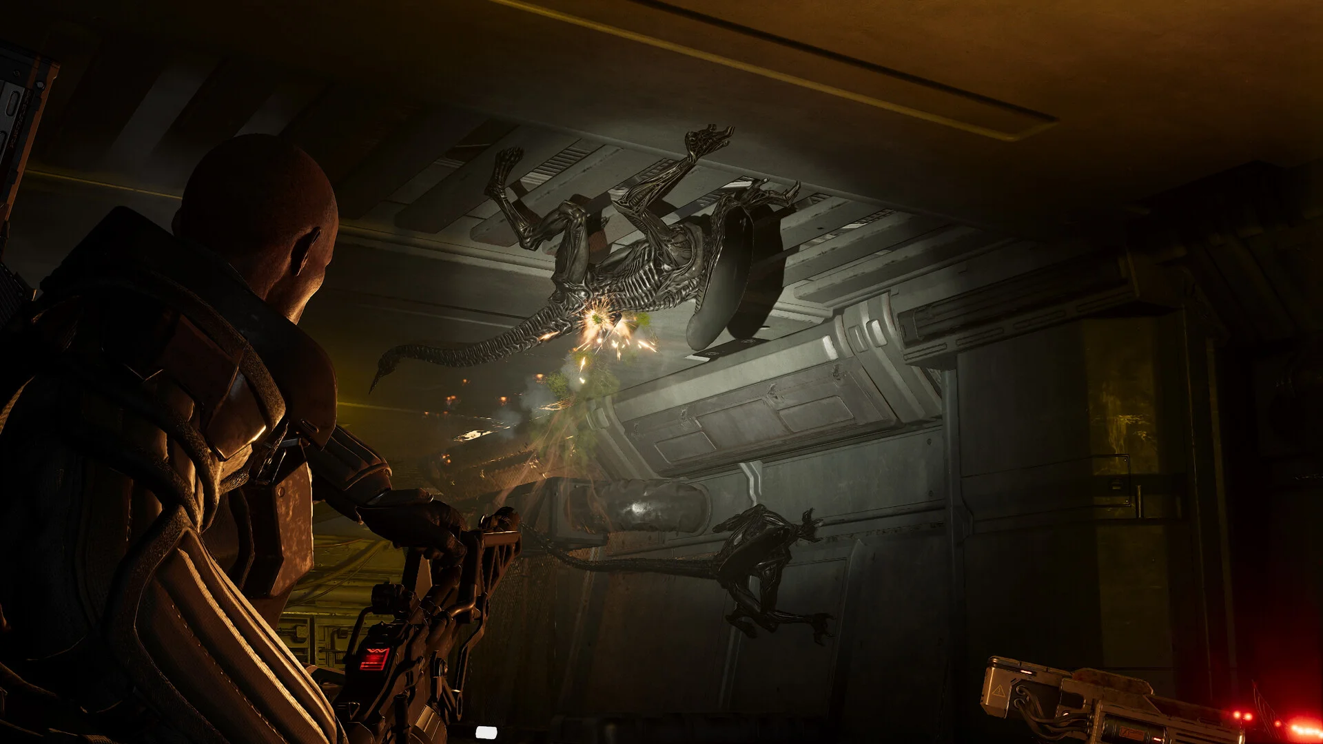 A marine shoots toward xenomorphs crawling along a dark corridor ceiling.
