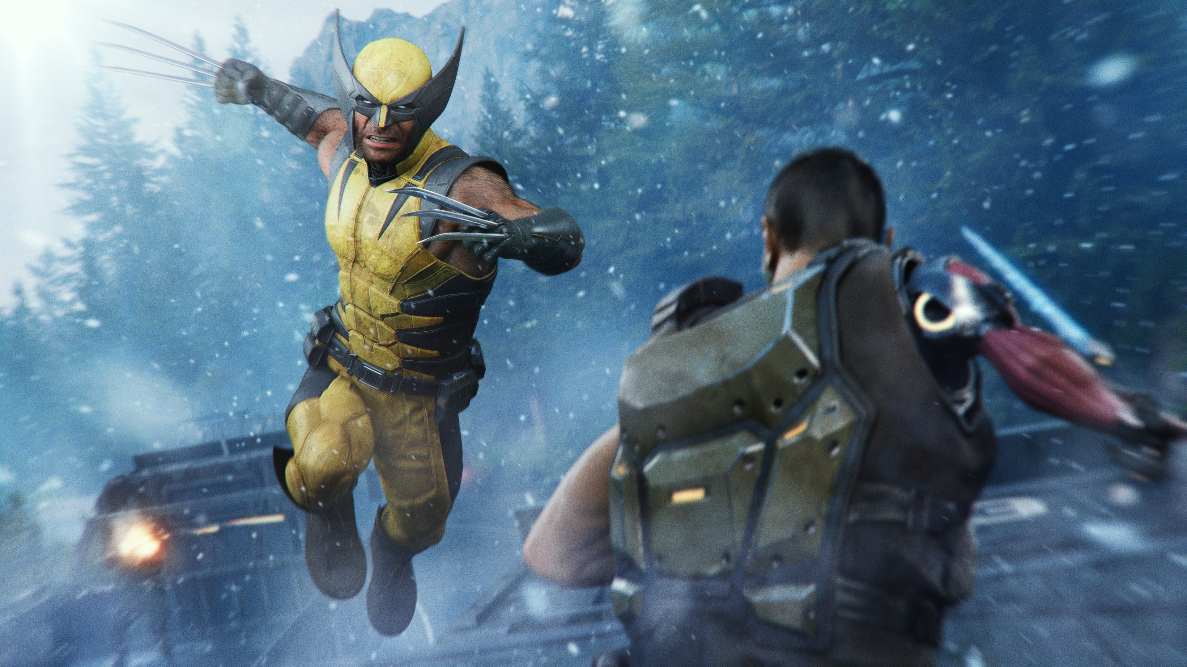 Wolverine leaps toward an armed enemy in a snowy scene from Marvel’s Wolverine.