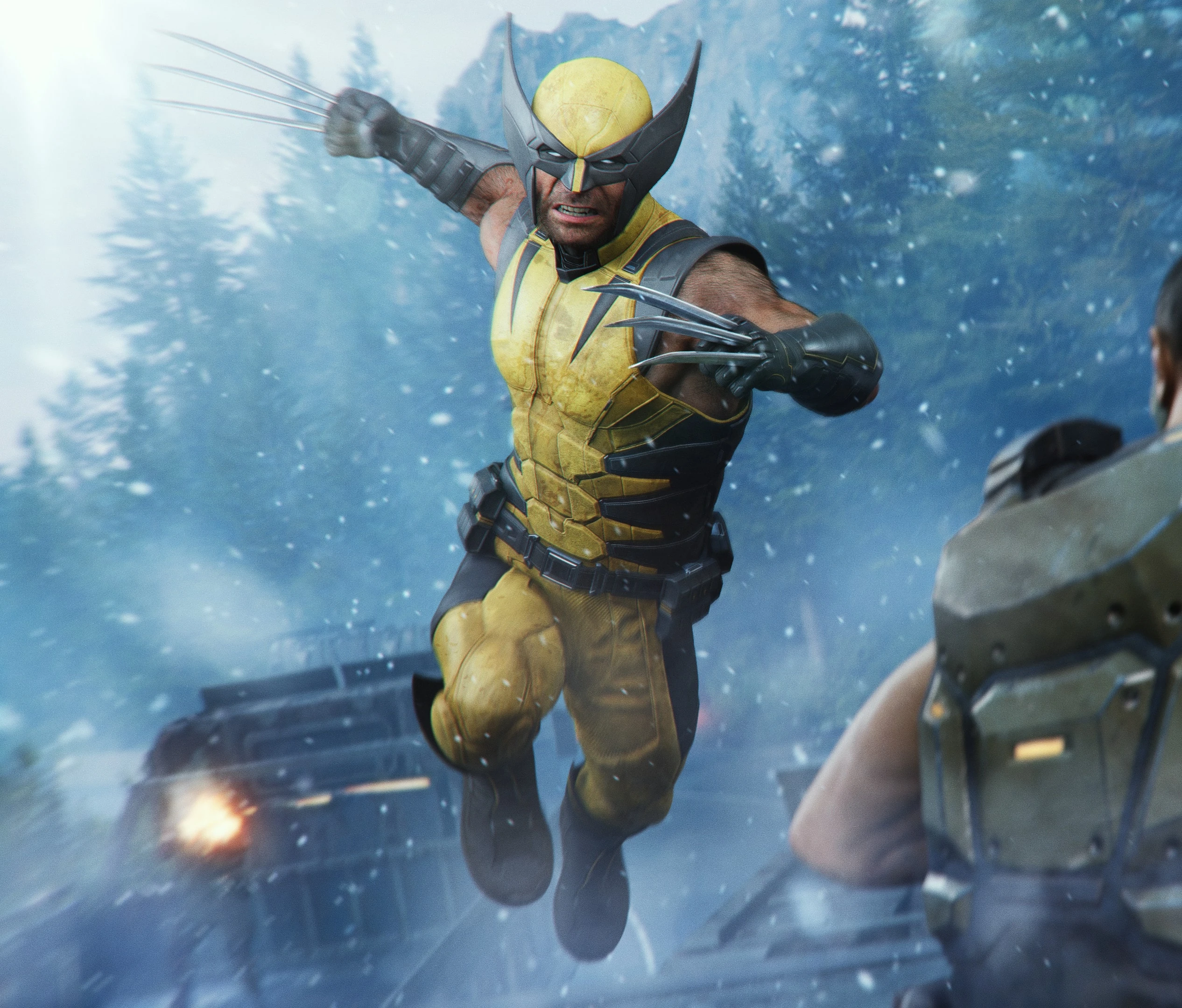 Wolverine leaps toward an armed enemy in a snowy scene from Marvel’s Wolverine.