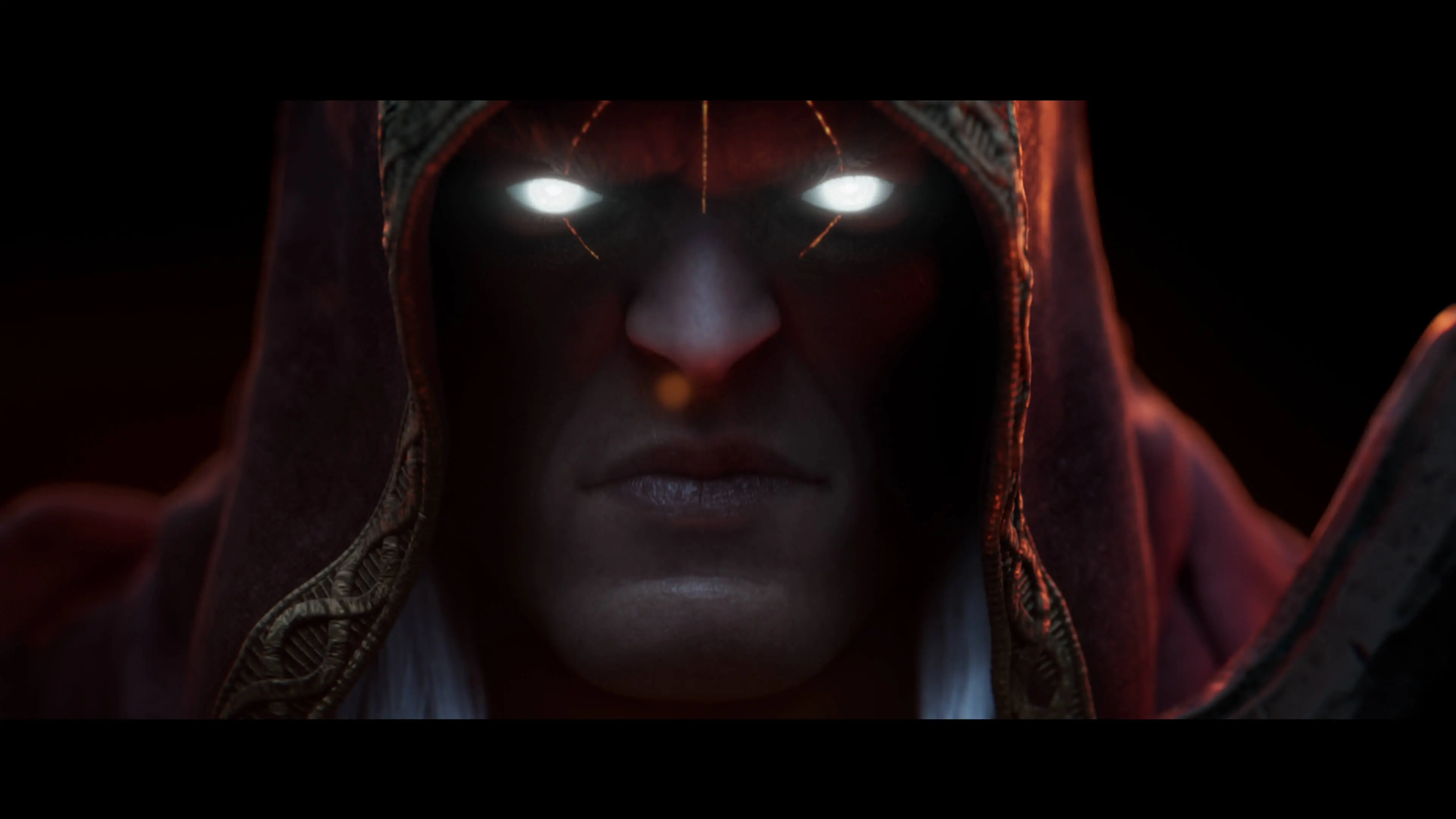 A hooded Horseman with glowing white eyes.