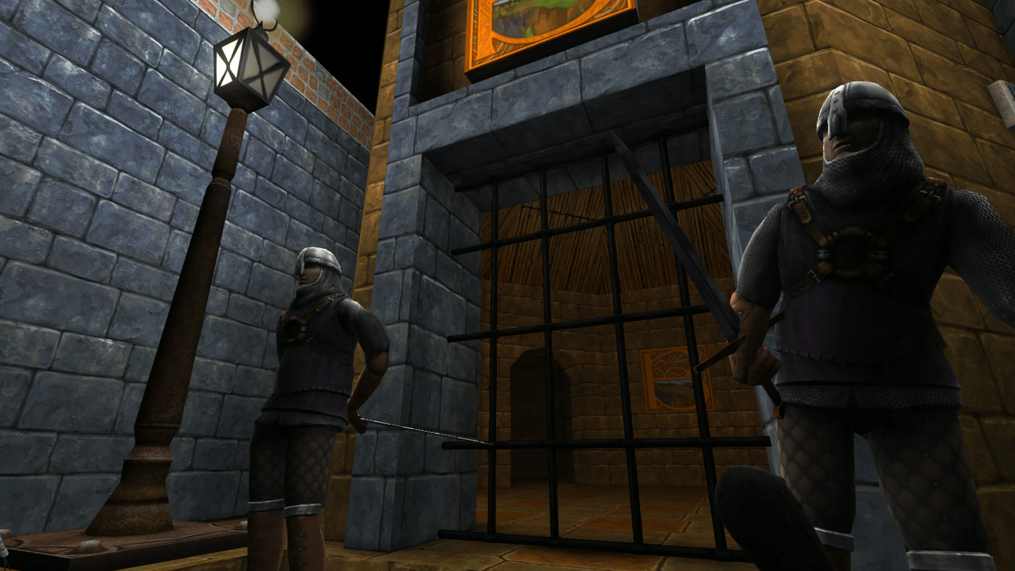 Two guards stand outside a locked gate at night in Thief: The Dark Project Remastered.