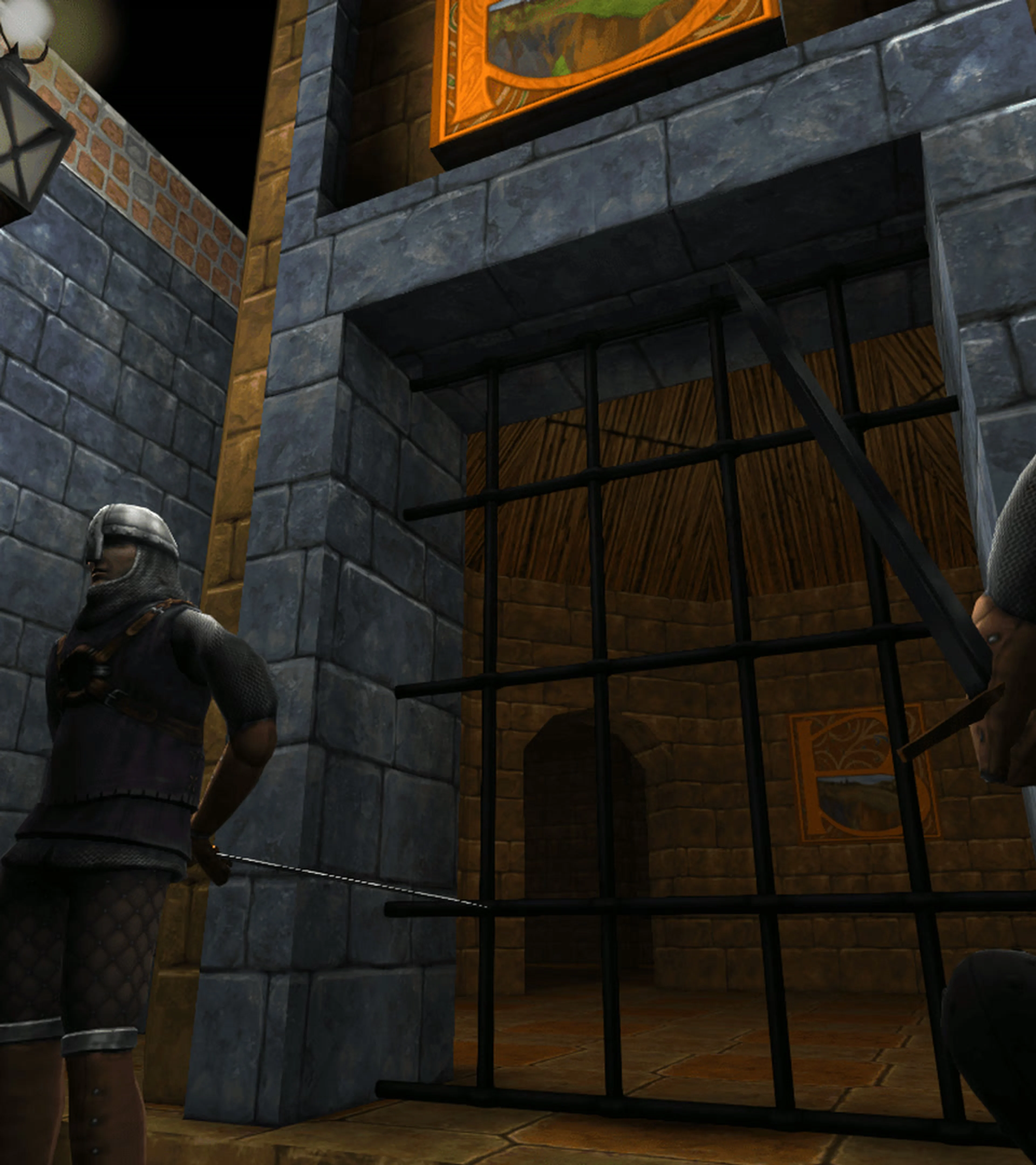 Two guards stand outside a locked gate at night in Thief: The Dark Project Remastered.