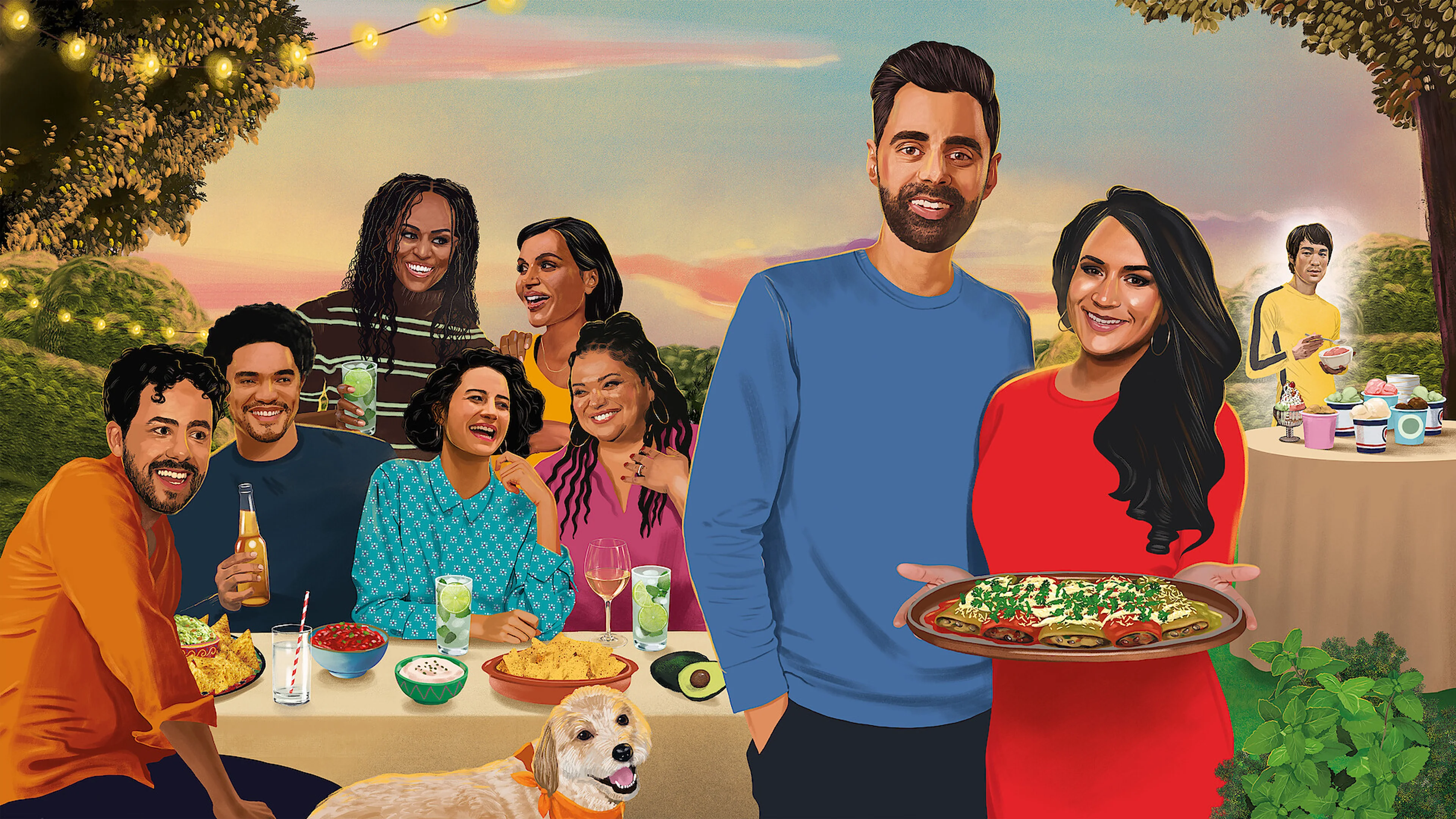 Illustration of Hasan Minhaj and guests sharing food at an outdoor dinner table.