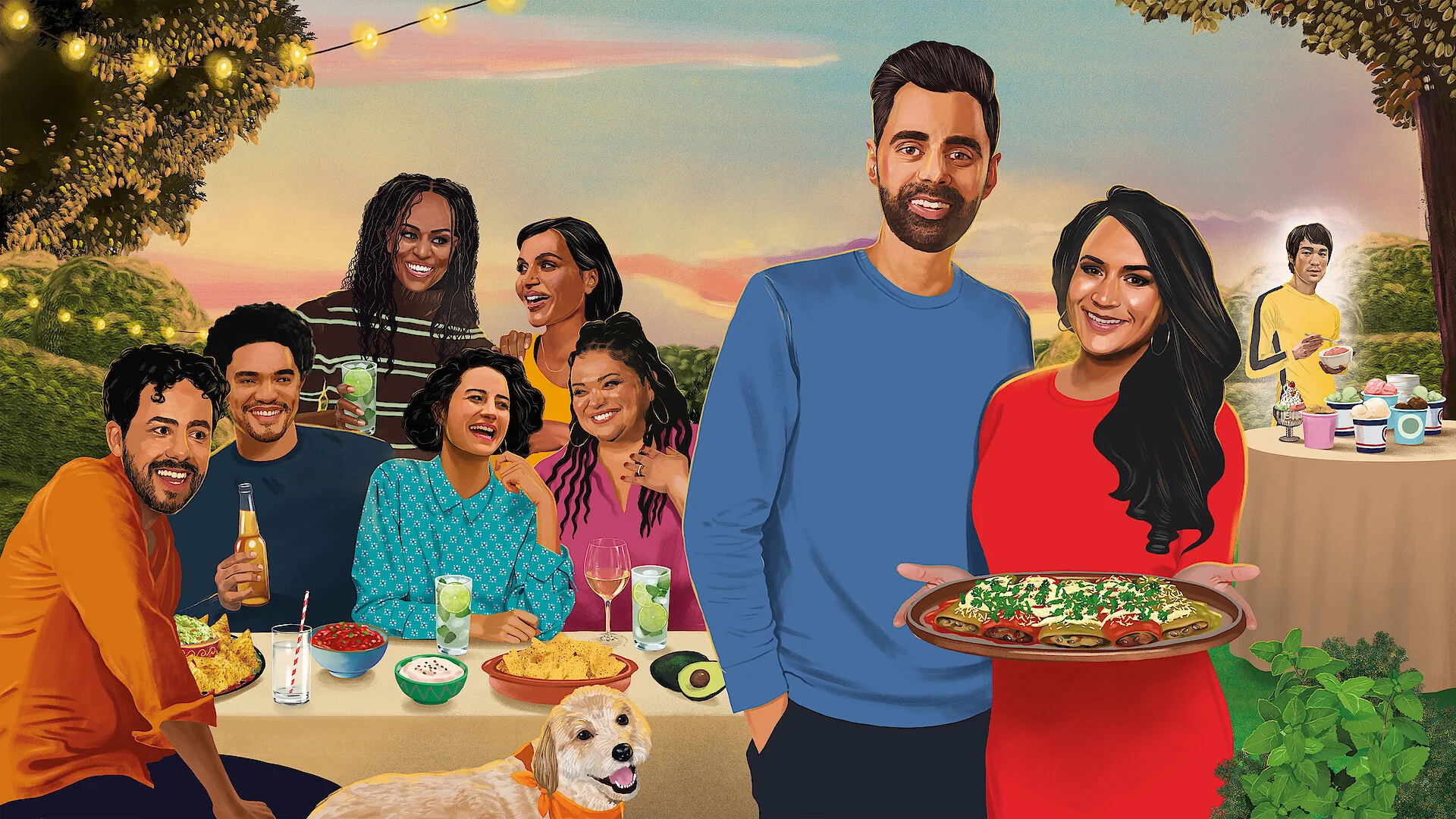 Illustration of Hasan Minhaj and guests sharing food at an outdoor dinner table.