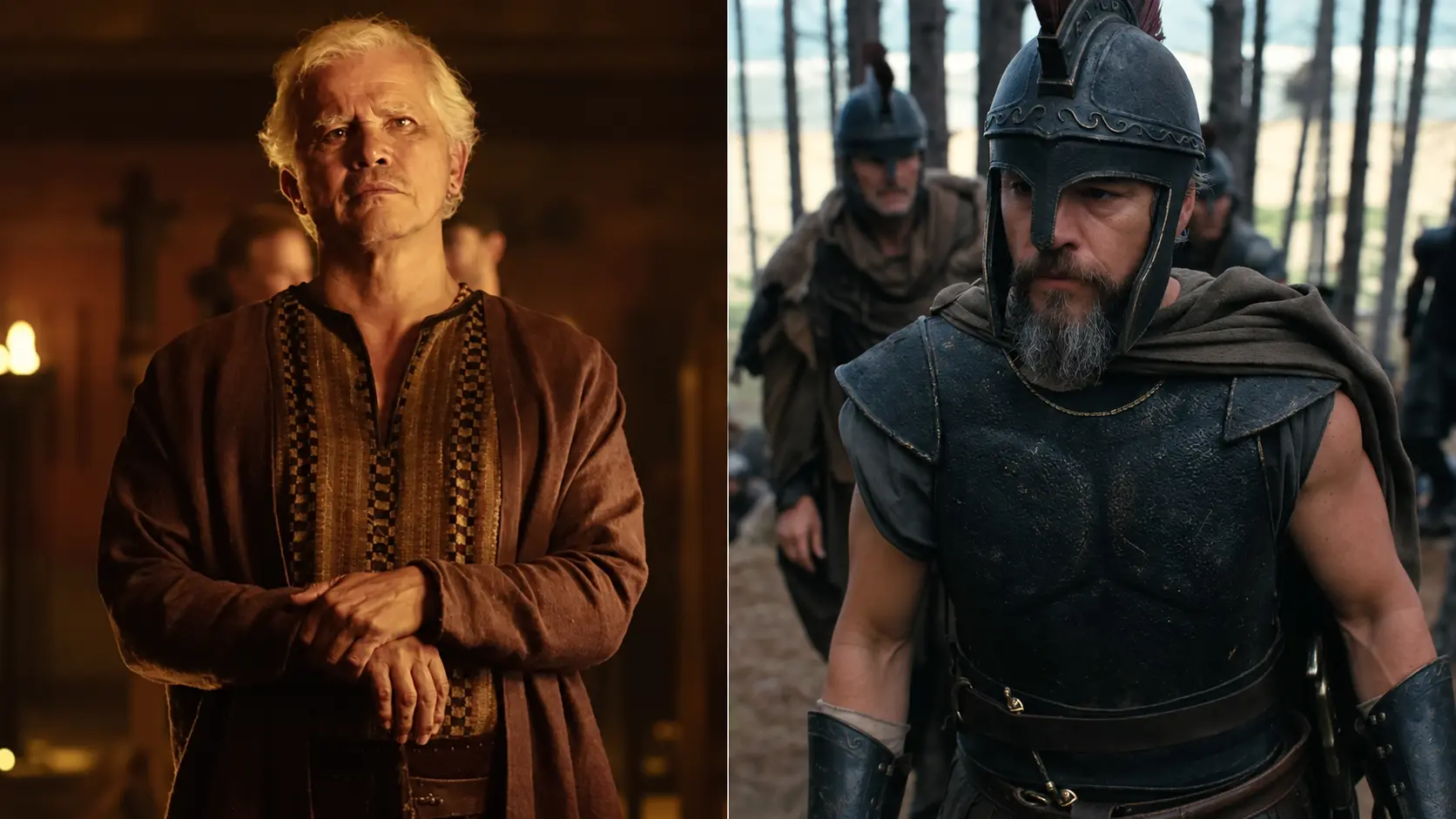 John Leguizamo as Eumaeus, left, and Matt Damon as Odysseus, right, in two separate scenes from The Odyssey.