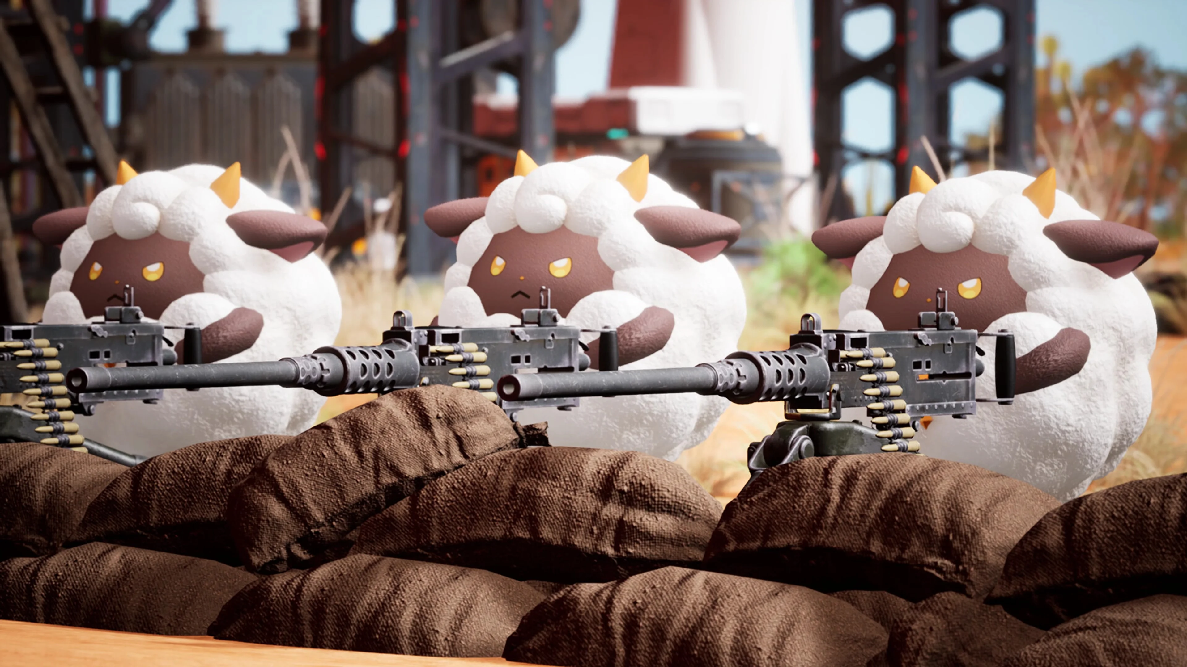 Several Pals stand together with weapons in Palworld