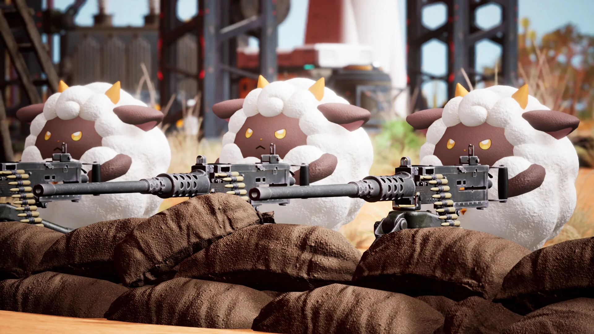 Several Pals stand together with weapons in Palworld