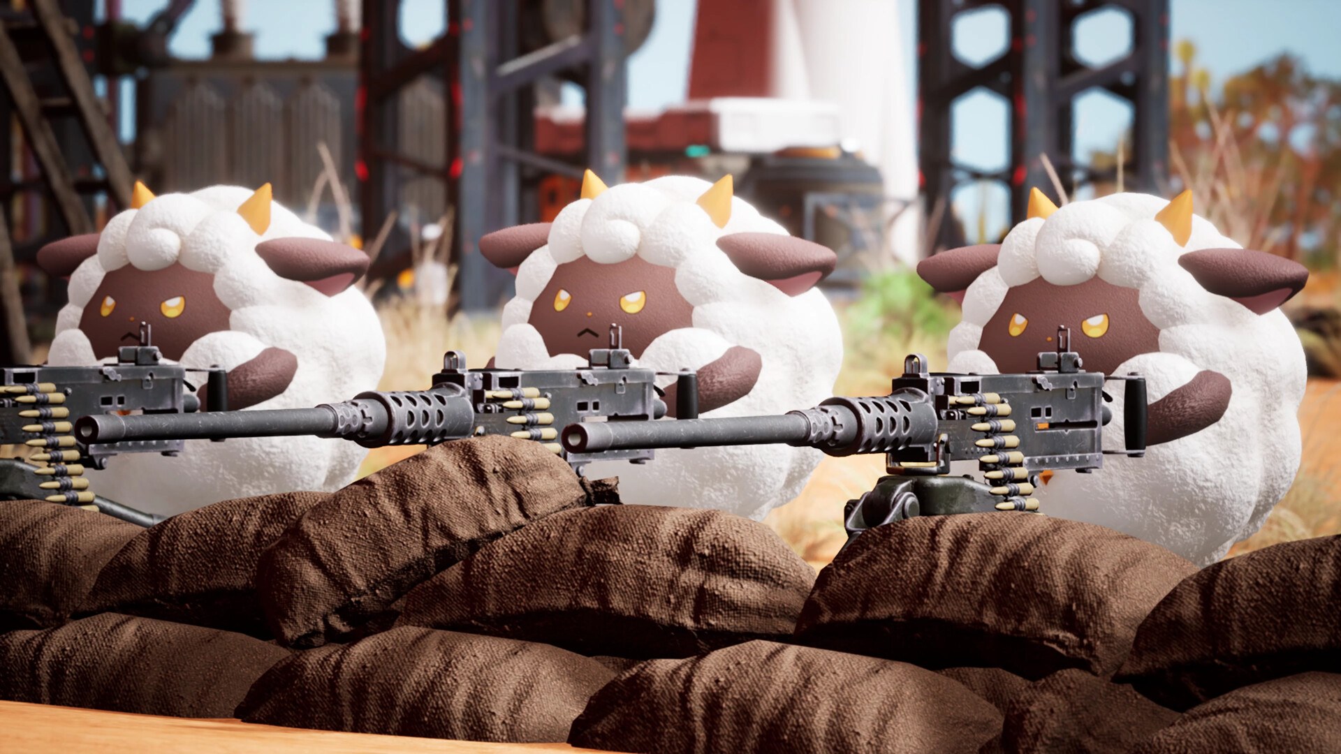 Three Lamballs operating mounted guns behind sandbags in Palworld.