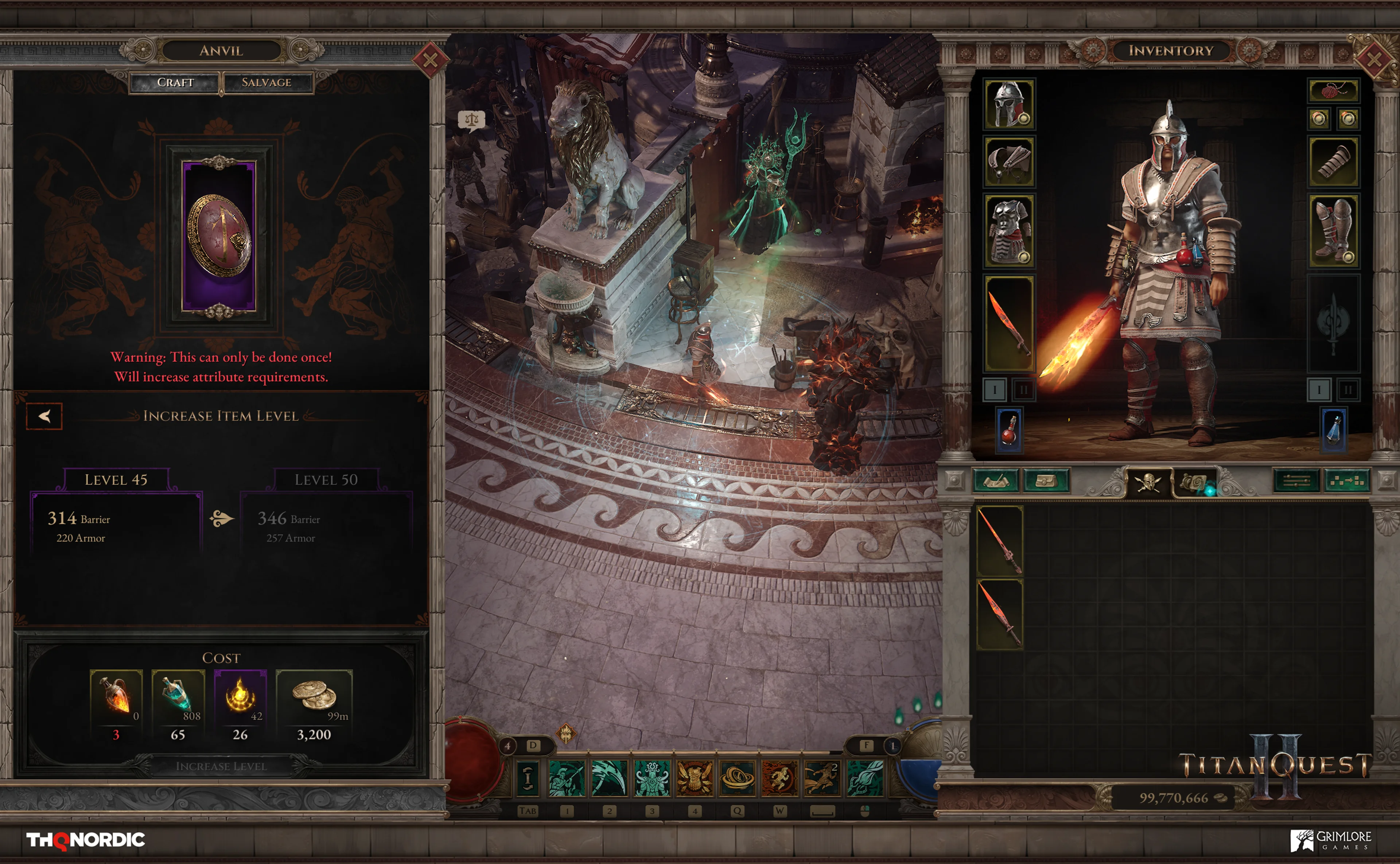 Titan Quest II crafting screen previewing a one-time item level upgrade from level 45 to 50.
