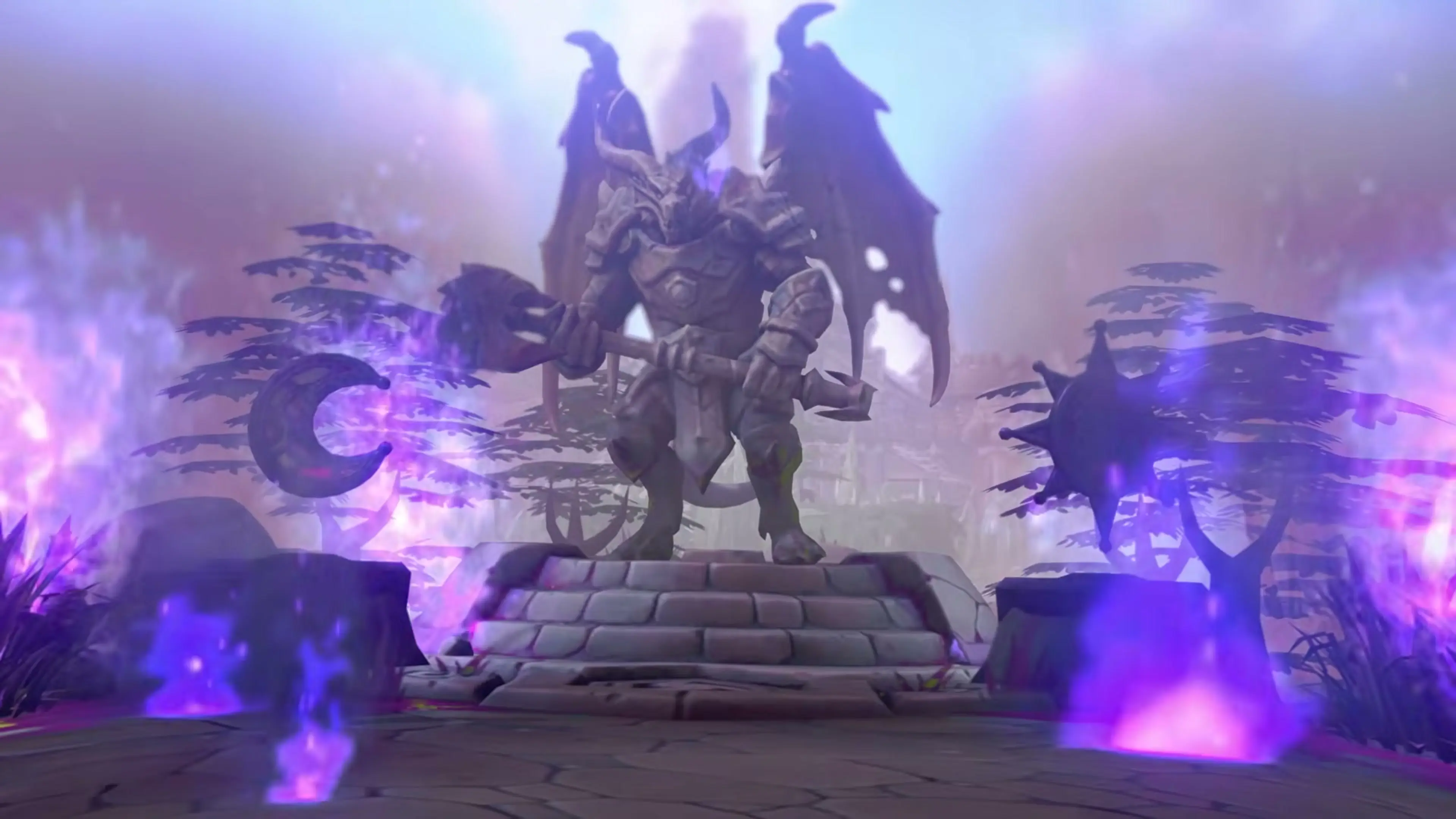 Purple Void energy spreads around a stone statue on a Heroes of the Storm battleground.